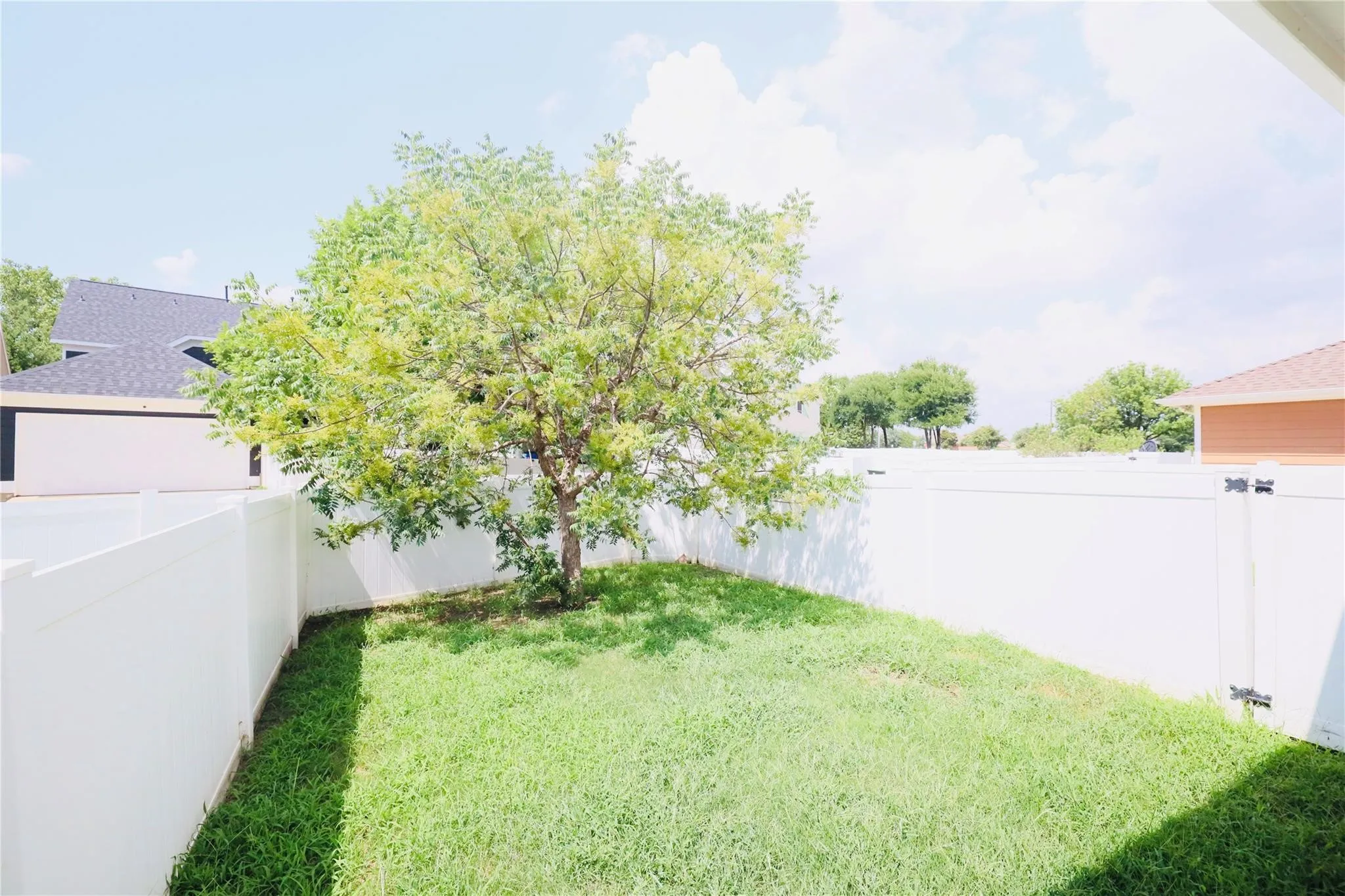 Enclosed backyard featuring a mature tree, grassy area, and white privacy fencing