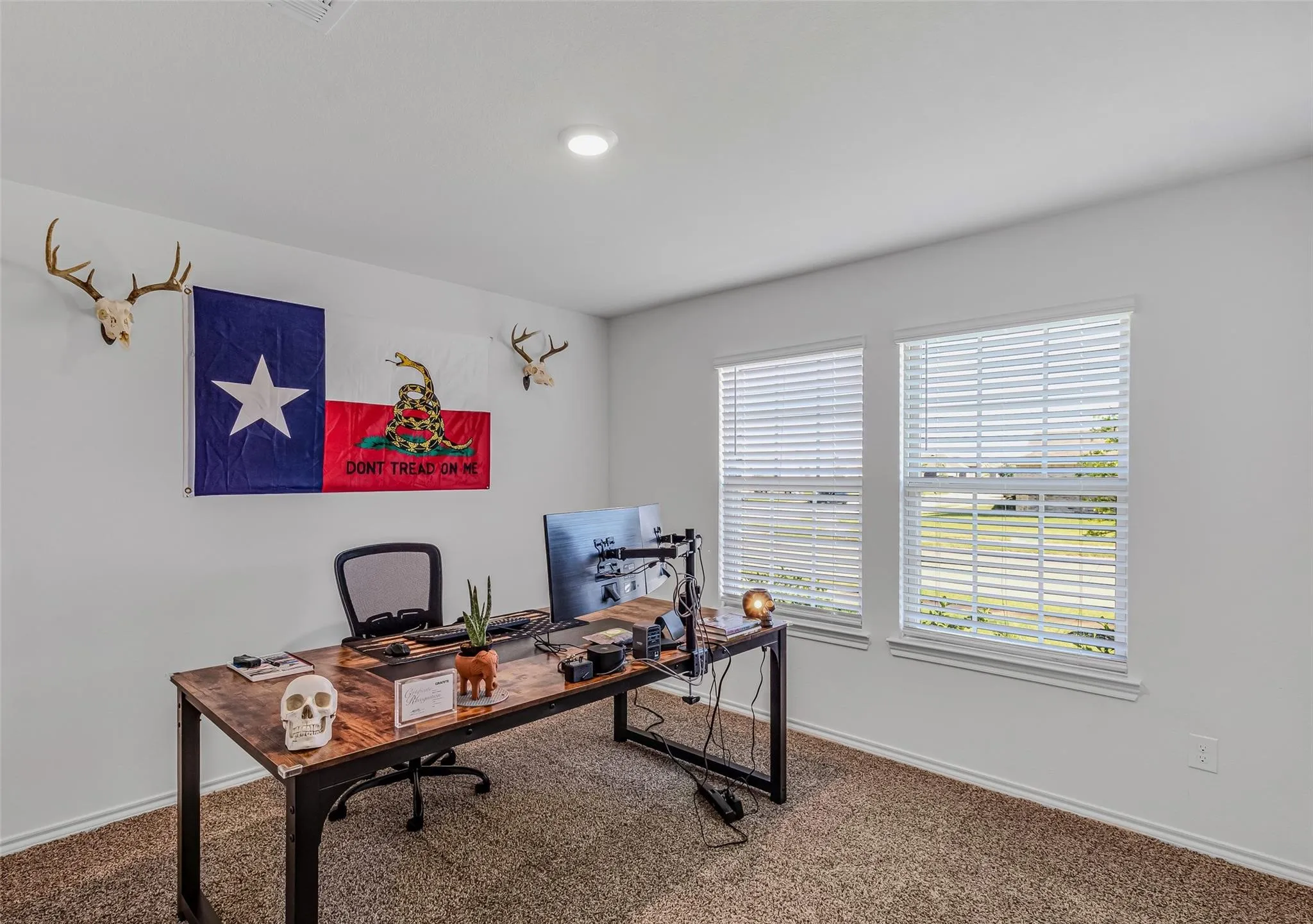 View of carpeted home office