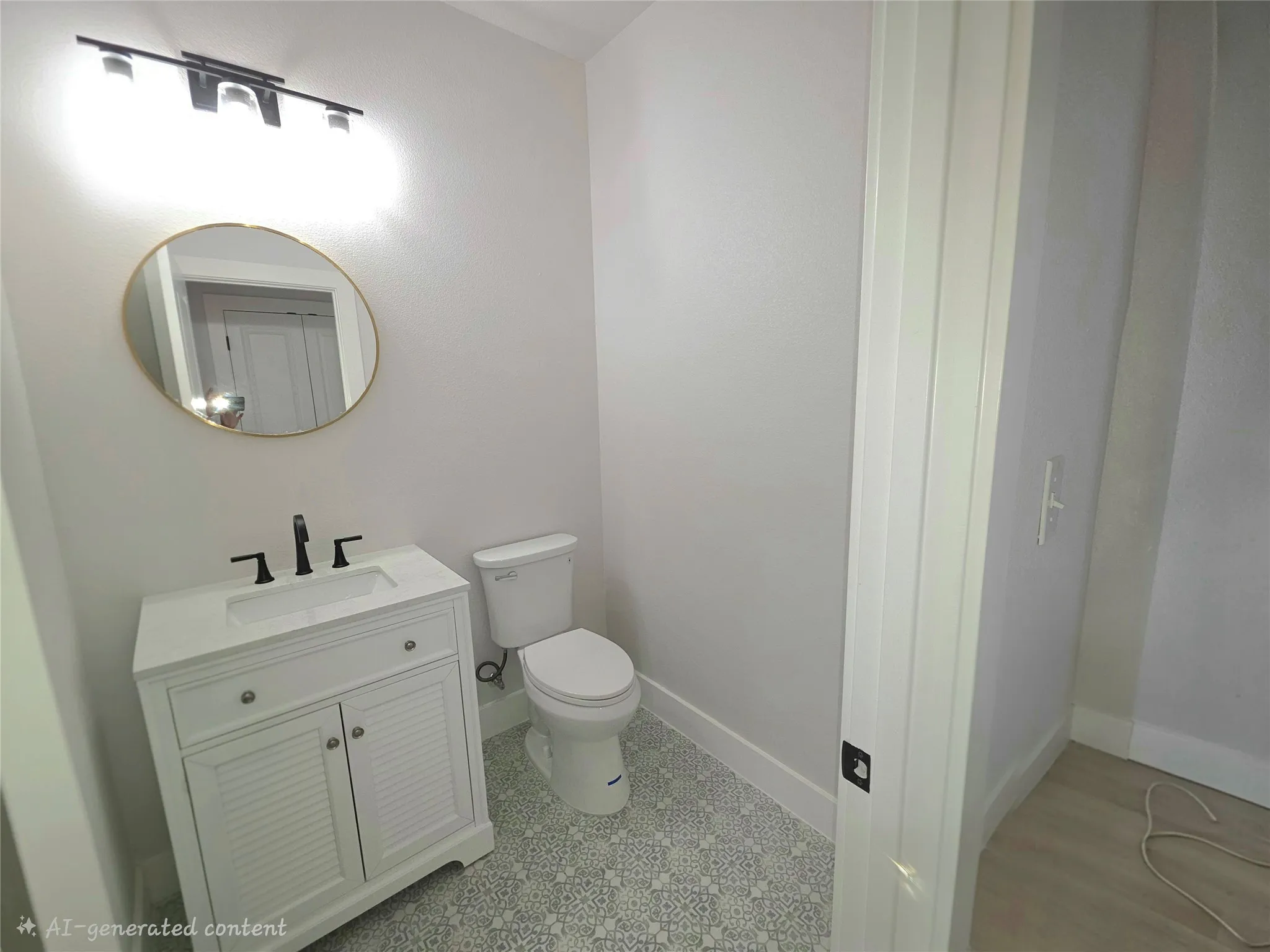 White vanity with louvered cabinet doors, surface-mounted rectangular sink, matte black widespread faucet, circular wall-mounted mirror, and patterned floor tile