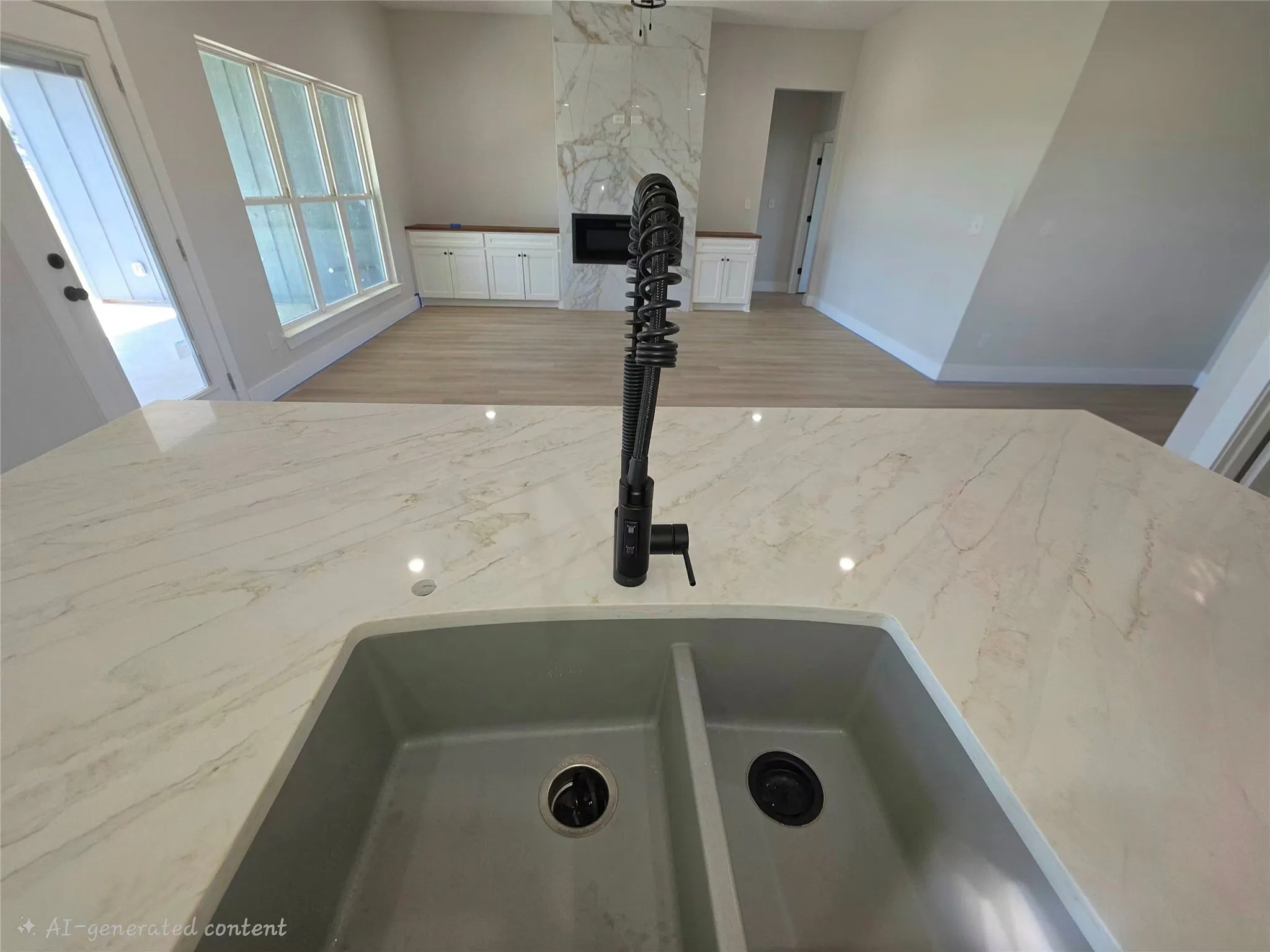 Kitchen island featuring a dual-basin sink, high-arc matte black faucet, and stone-surfaced countertop, paired with wood-finish flooring and a fireplace with stone surround