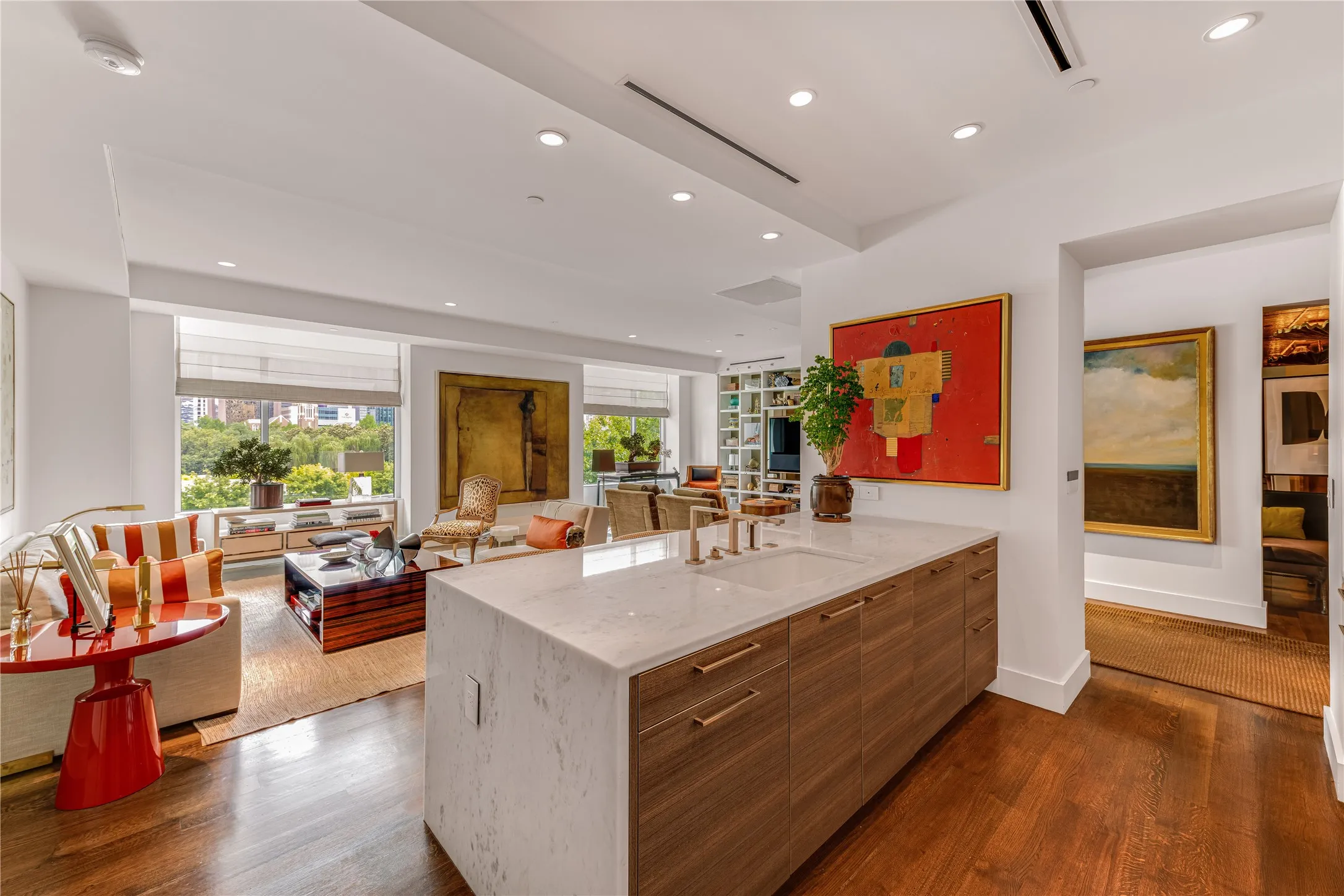 Gourmet kitchen opens to living room.