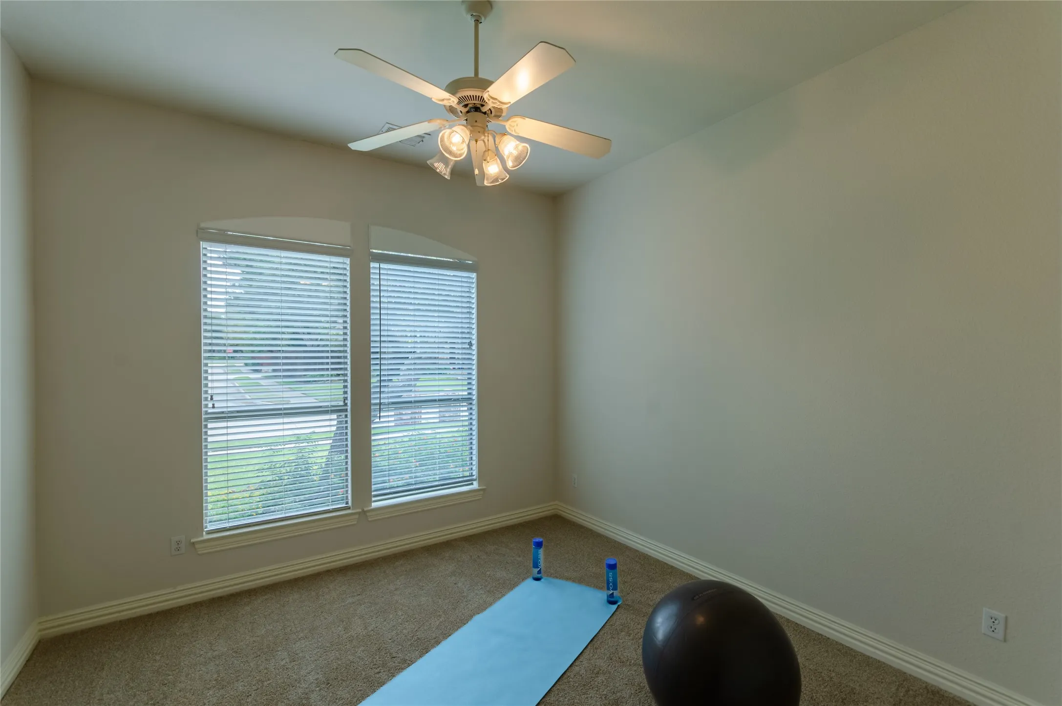 Bedoom featuring neutral wall tones, plush wall-to-wall carpeting, dual windows with arched top glass, and a central ceiling fan with multi-light fixture