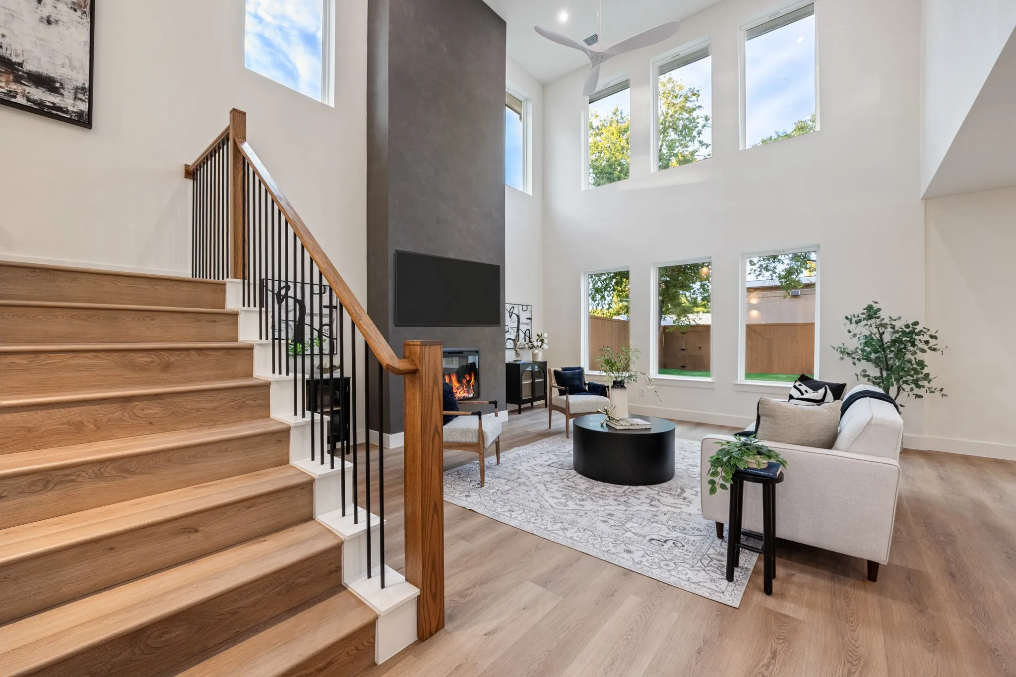 Living room with 20-foot ceilings.