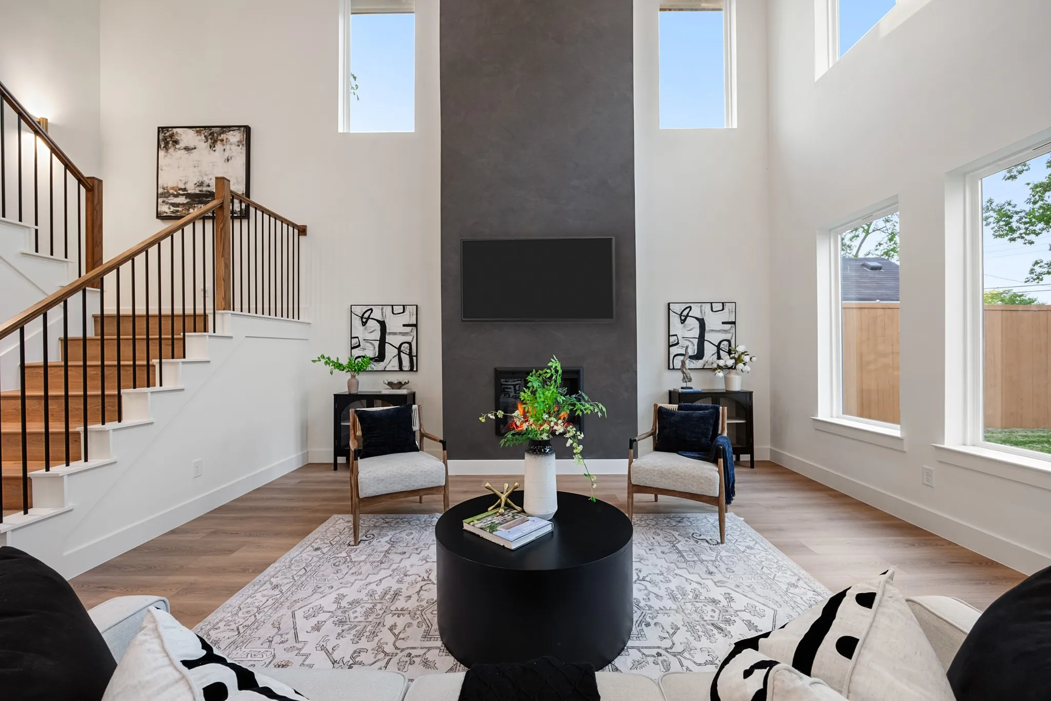 Charcoal lime wash fireplace.