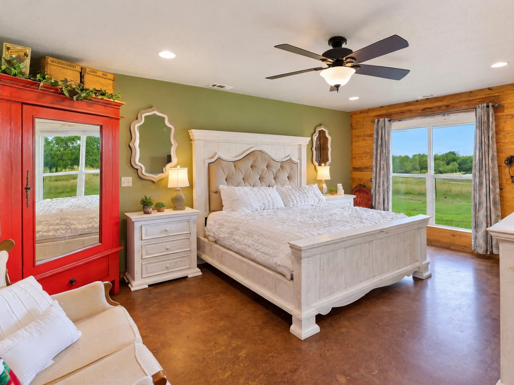 Expansive window, recessed lighting, ceiling fan, wood-finish flooring, and wood panel accent wall