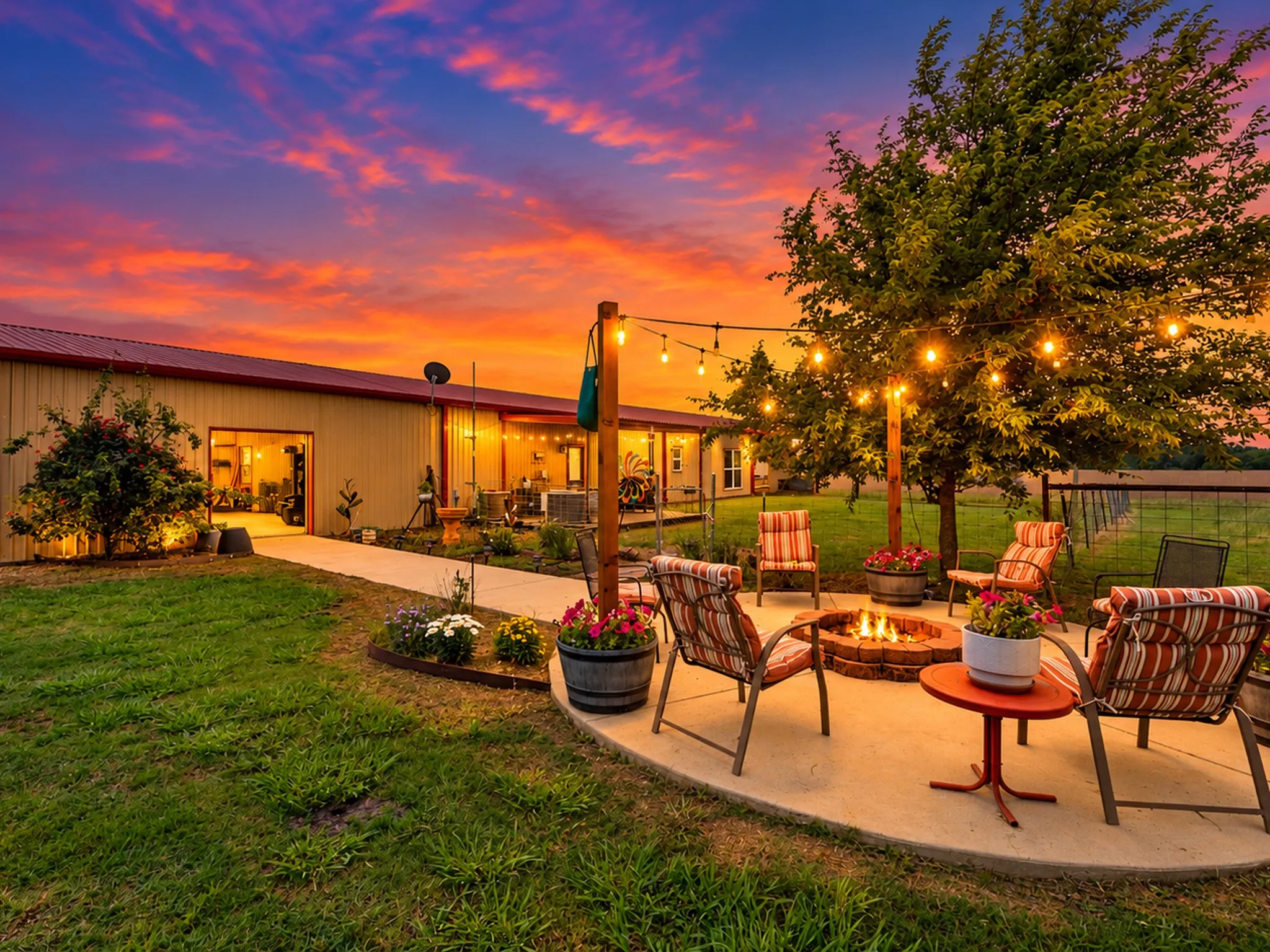 Spacious backyard with a concrete patio, built-in fire pit, string lighting, and mature trees