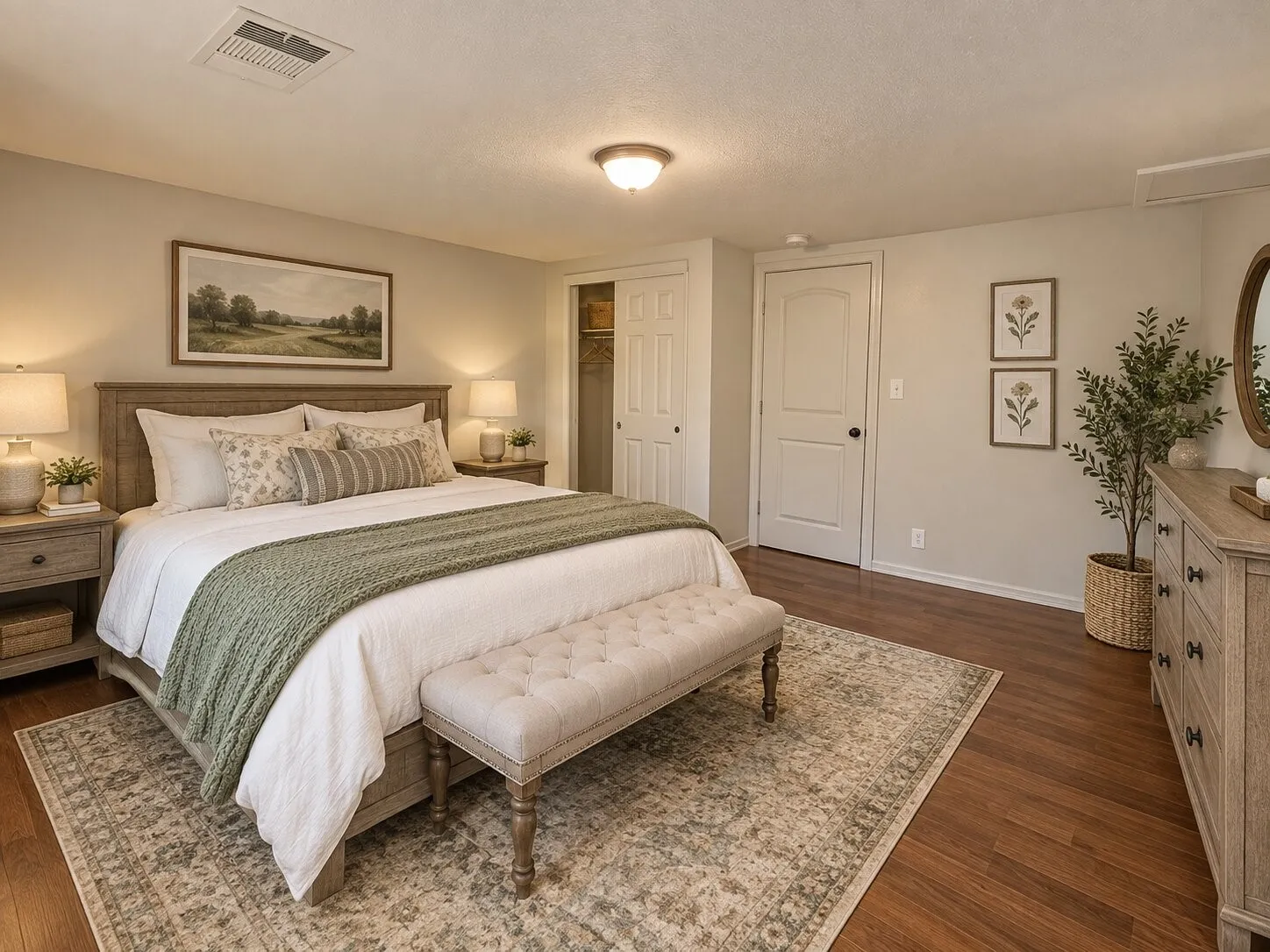 Primary bedroom suite featuring hardwood flooring, neutral wall finishes, and abundant natural lighting from multiple windows