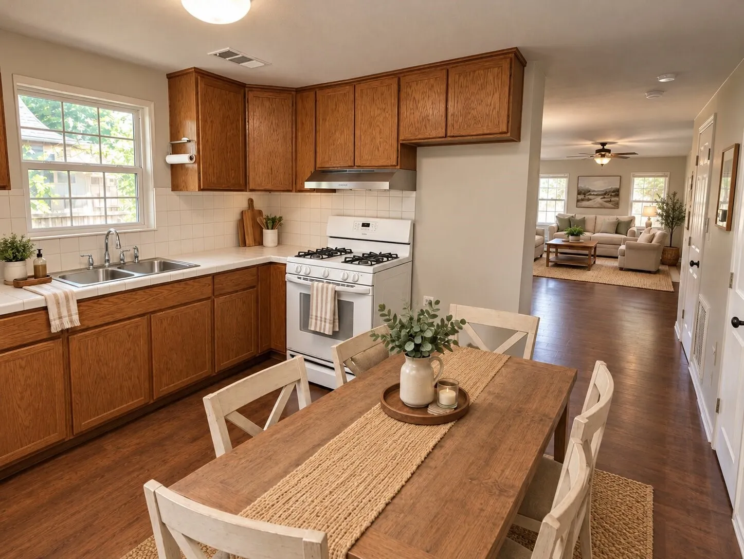 Kitchen featuring stained wood cabinetry, white tile backsplash, light-toned solid surface countertops, a dual-basin stainless steel sink, and wood-finish flooring