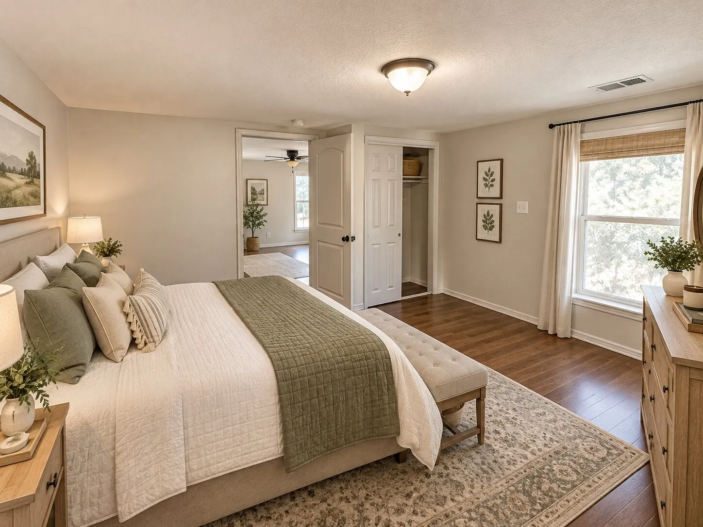 Hardwood flooring, recessed lighting, and a double window