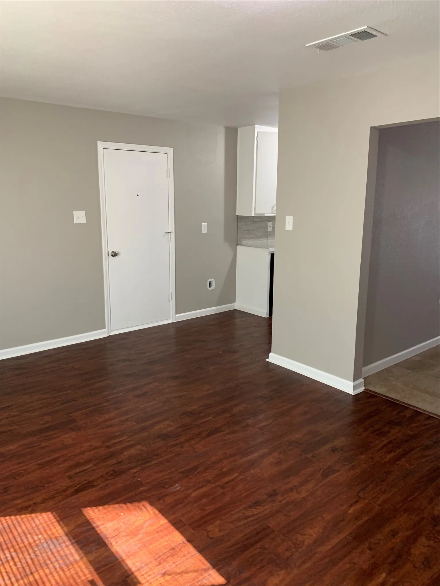 Wood-finish flooring throughout, neutral wall paint, and white interior doors