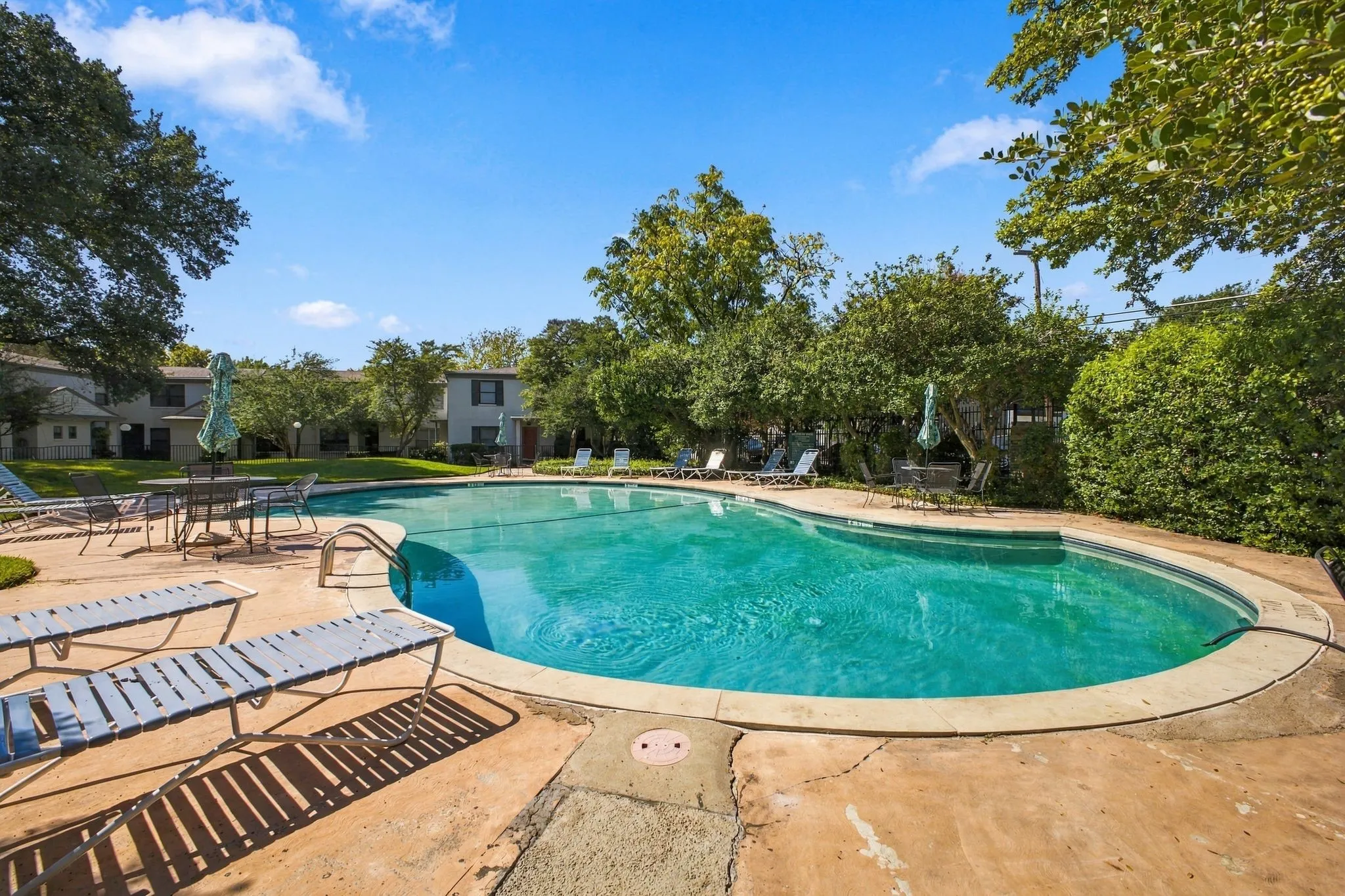 Curved in-ground swimming pool with a concrete pool deck, mature landscaping, and shaded lawn area