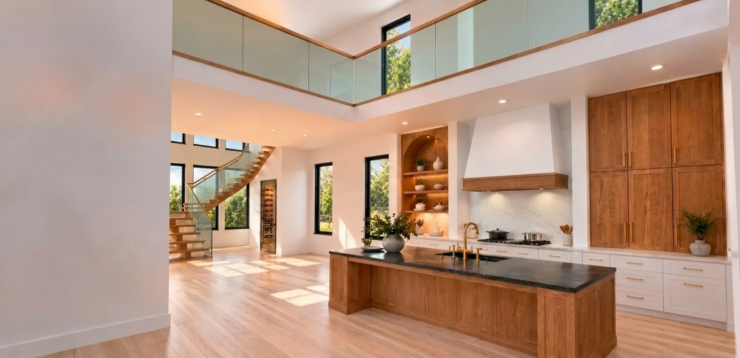 The heart of Silver Lining pairs soaring ceilings, with a statement kitchen, custom cabinetry, and a generous island. A Floating staircase and glass railing create a dramatic backdrop. While the wine grotto offers a special place for your favorite vintage.