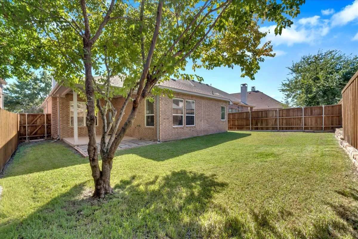 Expansive green lawn with a mature tree, privacy fencing, and a covered patio