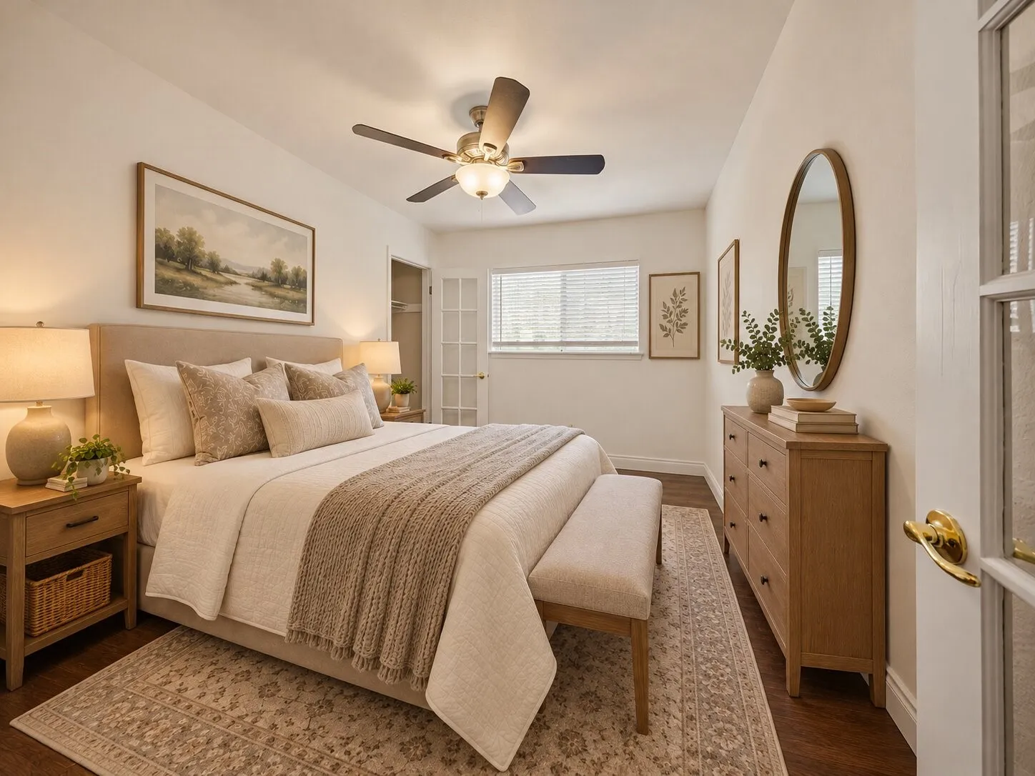 Room featuring wood-finish flooring, a multi-blade ceiling fan with integrated lighting, a glass-paneled entry door, and a horizontal window with blinds