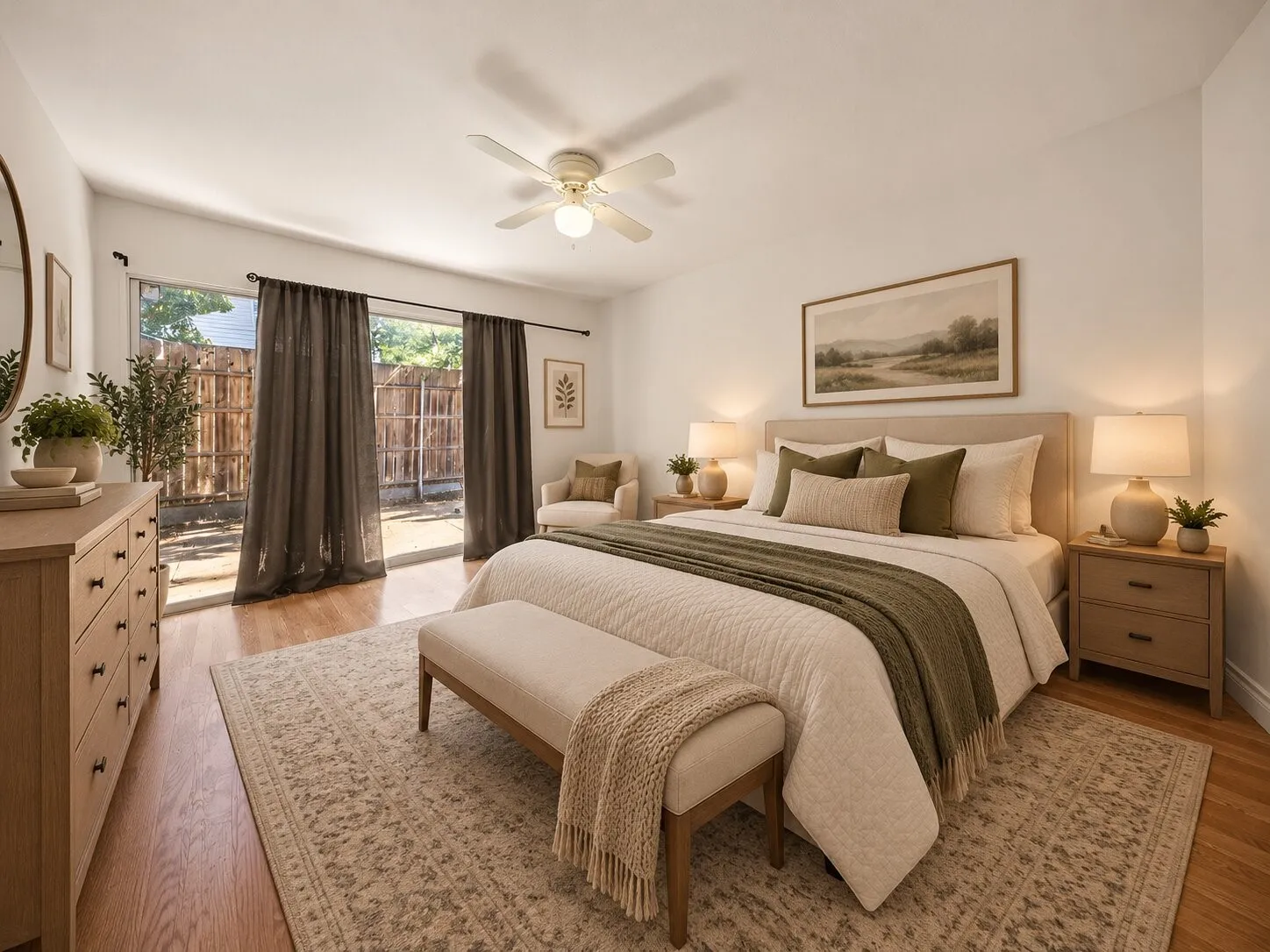 Wood-finish flooring, sliding glass door, and a ceiling-mounted light fixture with fan blades