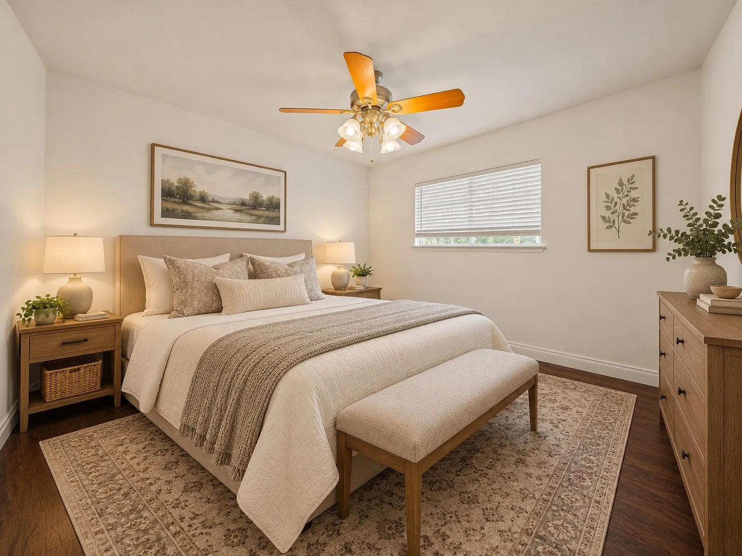 Bedroom featuring dark wood-finish flooring, a multi-blade ceiling fan with integrated light fixture, and horizontal window blinds