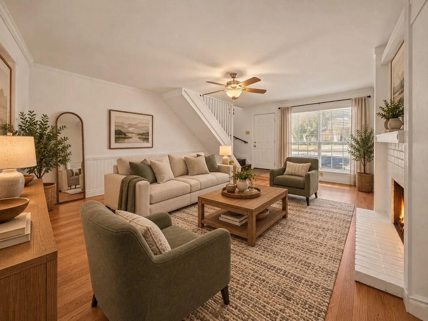 Living area featuring wood-finish flooring, white wainscoting, a fireplace with a painted brick surround, and a ceiling fan with integrated lighting