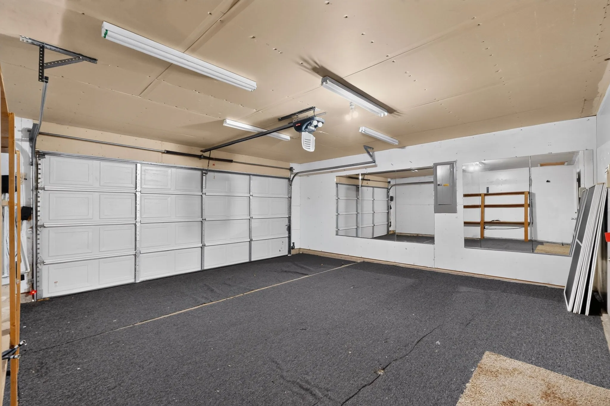 Multi-car garage featuring a sectional overhead door, wall-to-wall mirrored panels, fluorescent overhead lighting, and carpeted flooring