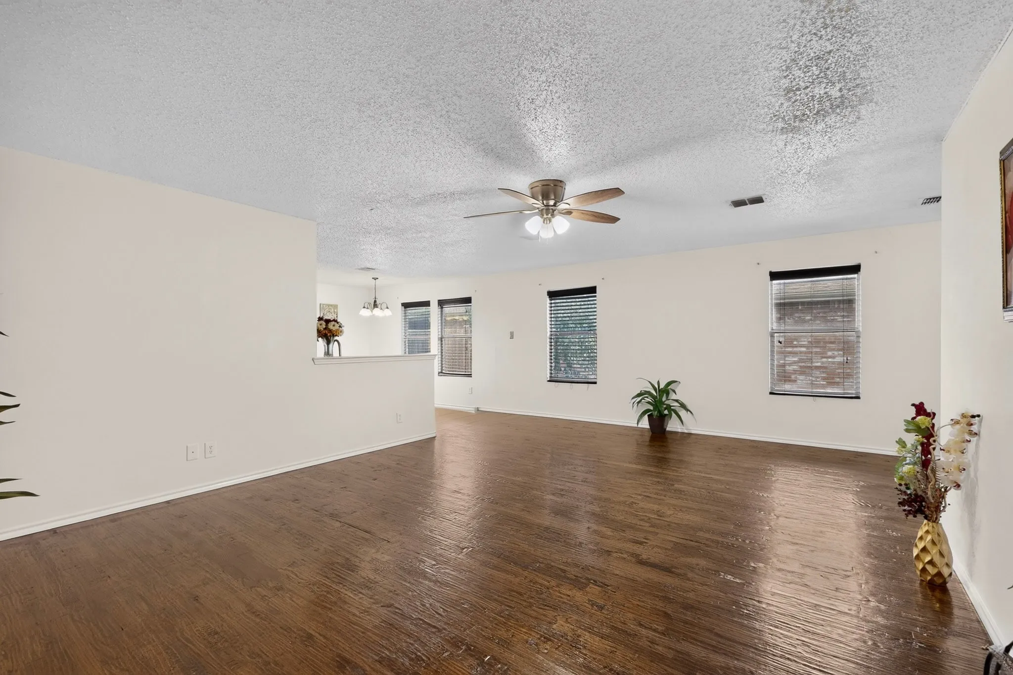Open-concept interior featuring wood-finish flooring, a ceiling fan with integrated lighting, and multiple windows