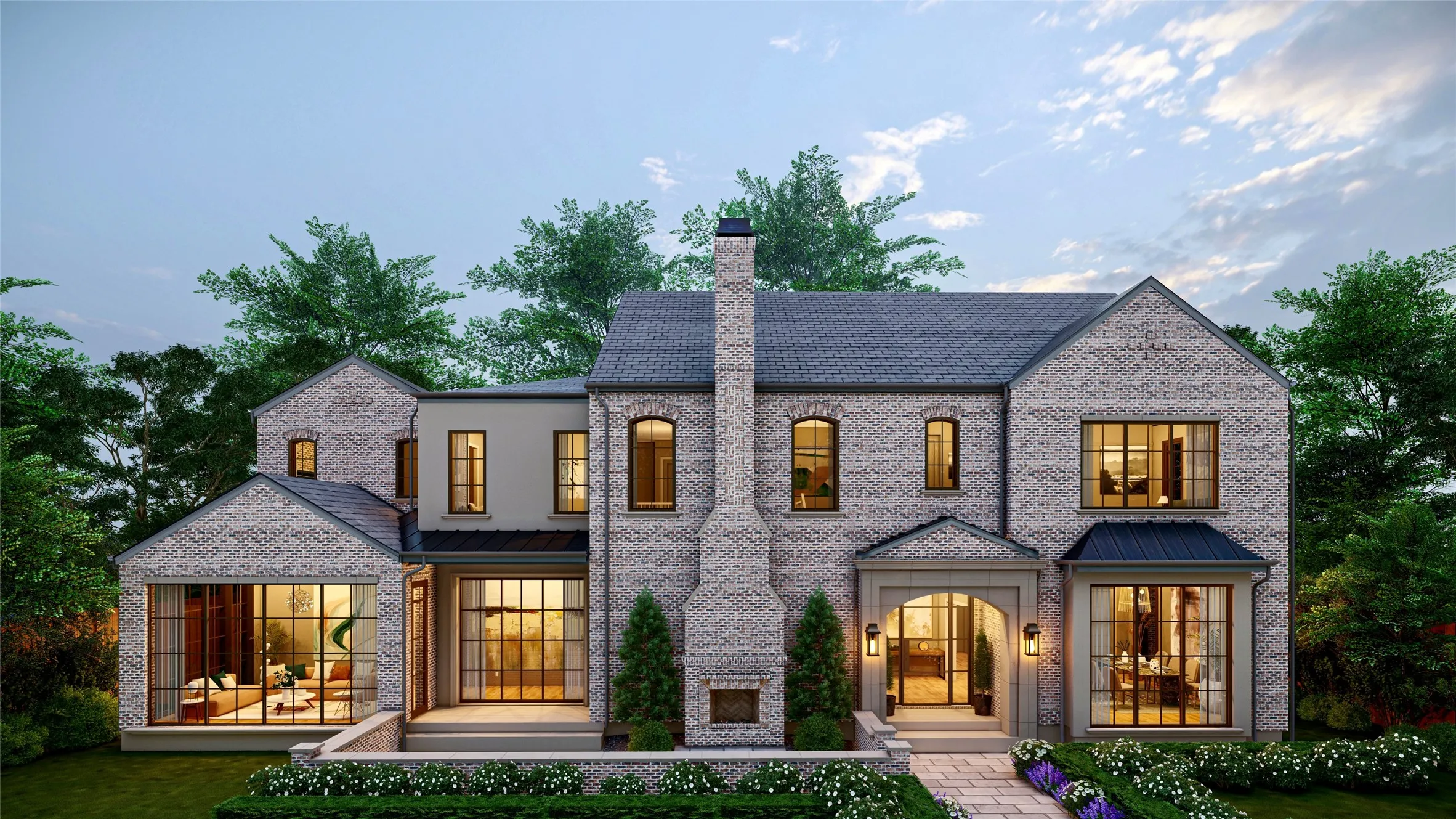 Rendering of Front Elevation with fireplace and courtyard