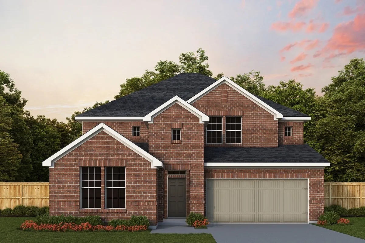 Two-story brick exterior featuring a multi-gabled roofline, grid-pattern windows, and a multi-car attached garage