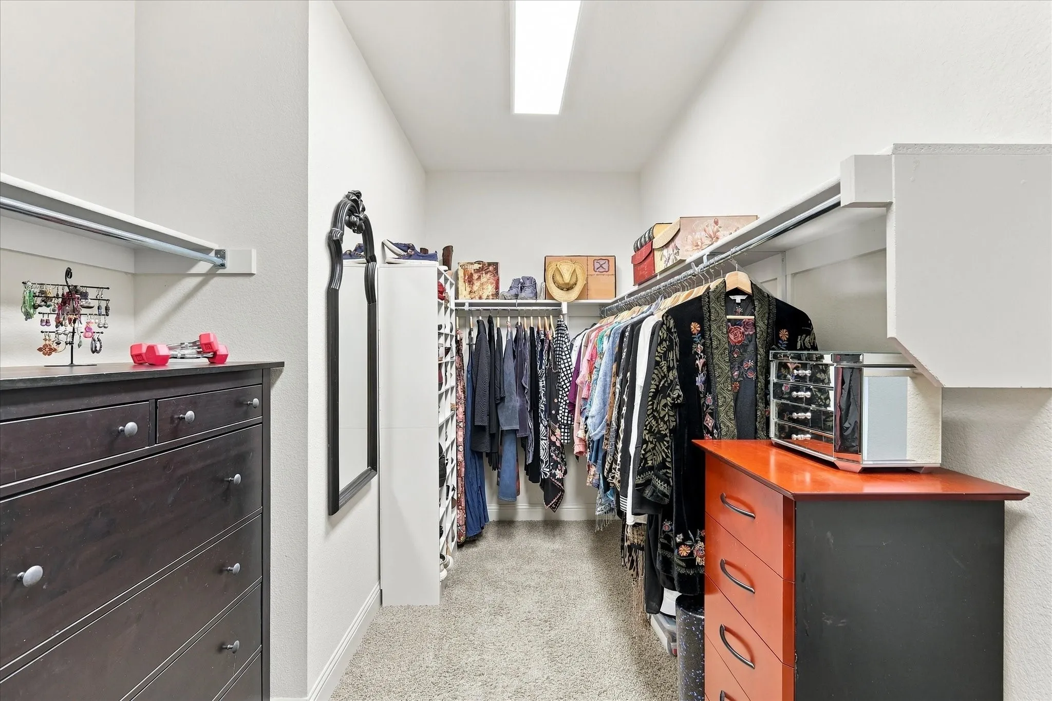 Walk-in primary closet featuring carpeted flooring, built-in shelving, multi-level hanging rods, and overhead lighting
