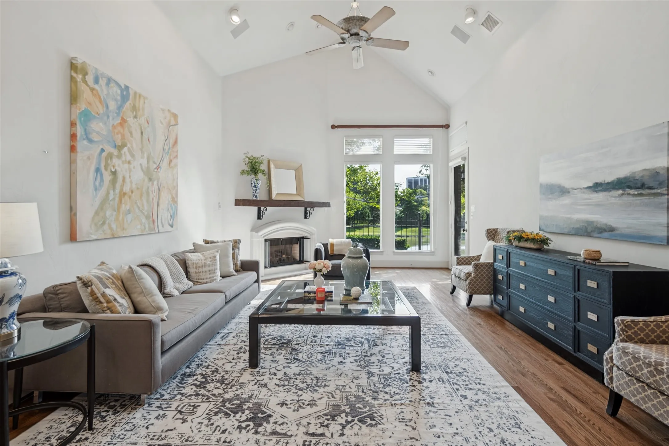 Living room with views of lake