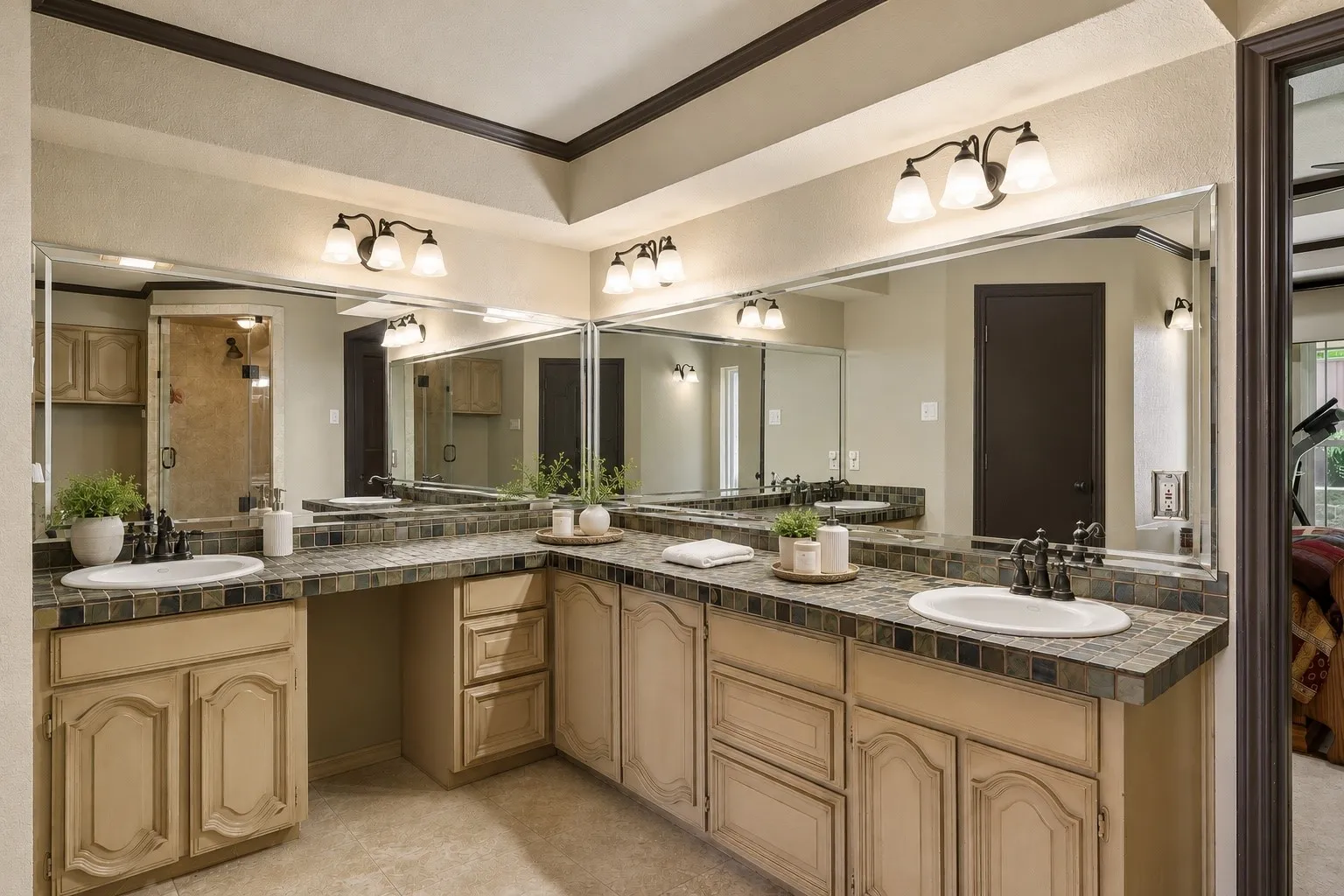 Dual vanity with undermount sinks and tile countertops