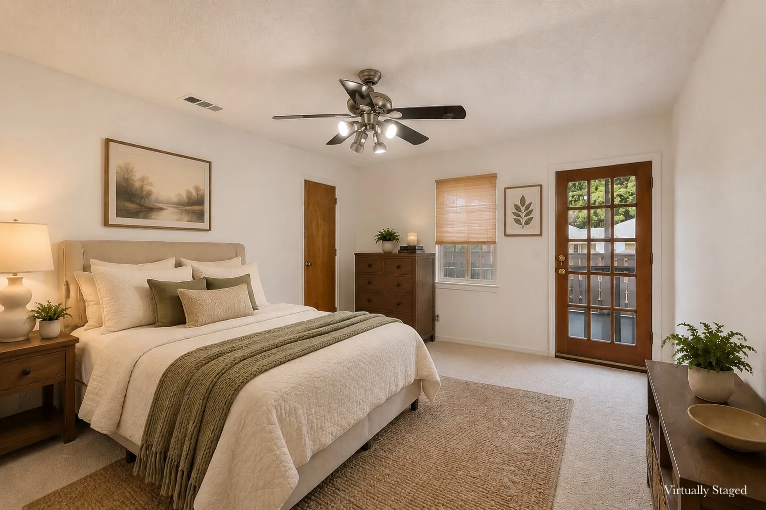 Carpeted room featuring a ceiling fan with integrated lighting, a wooden paneled door with glass inserts, and a window with a woven blind