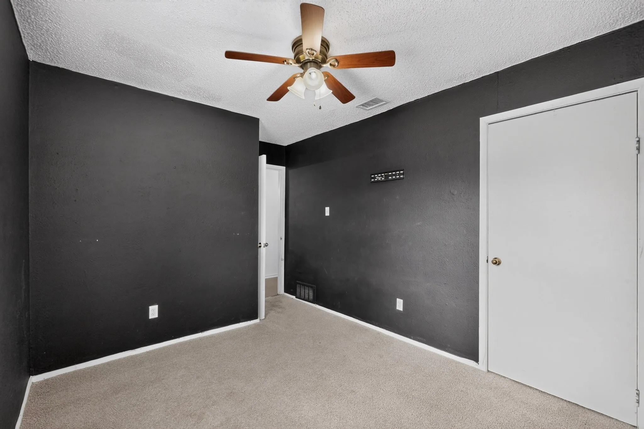 Neutral-toned carpeting, ceiling-mounted paddle fan with integrated light fixture, and solid-core interior doors