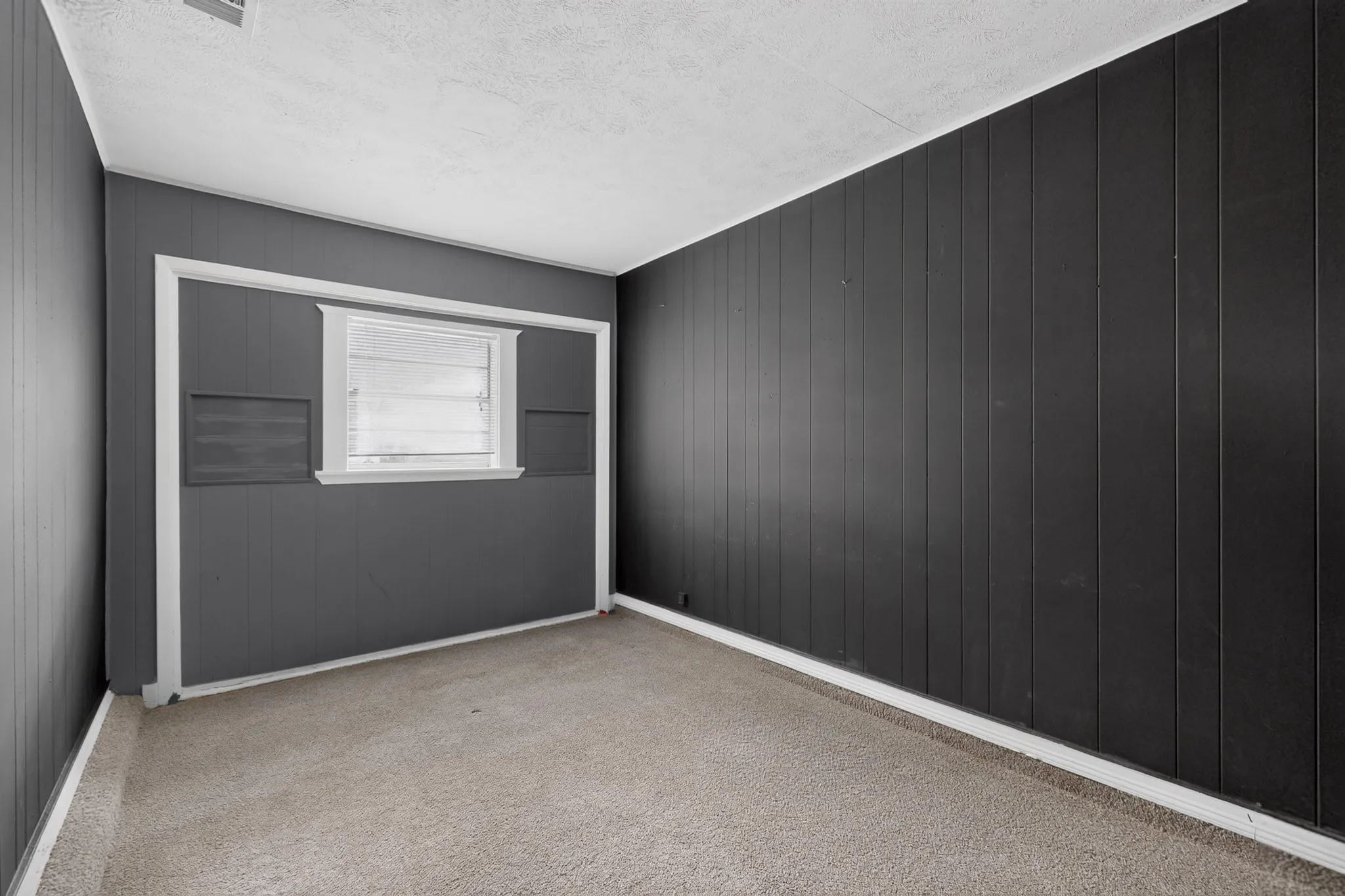 Room featuring dark-toned vertical paneled walls, neutral carpeting, and a single-pane window with trim detail