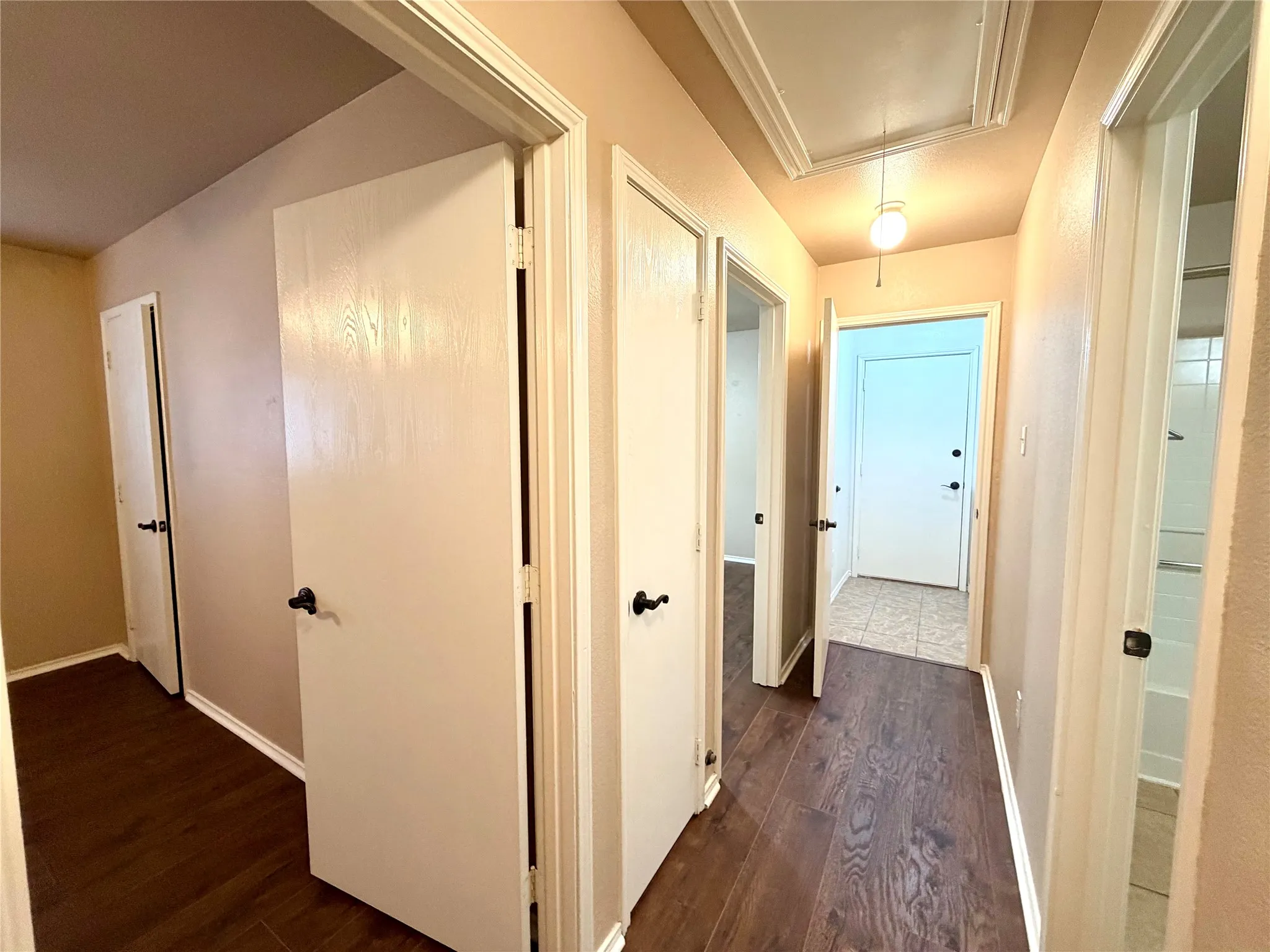 Hallway featuring wood-finish flooring, white paneled doors with matte black hardware, and an overhead pendant light fixture