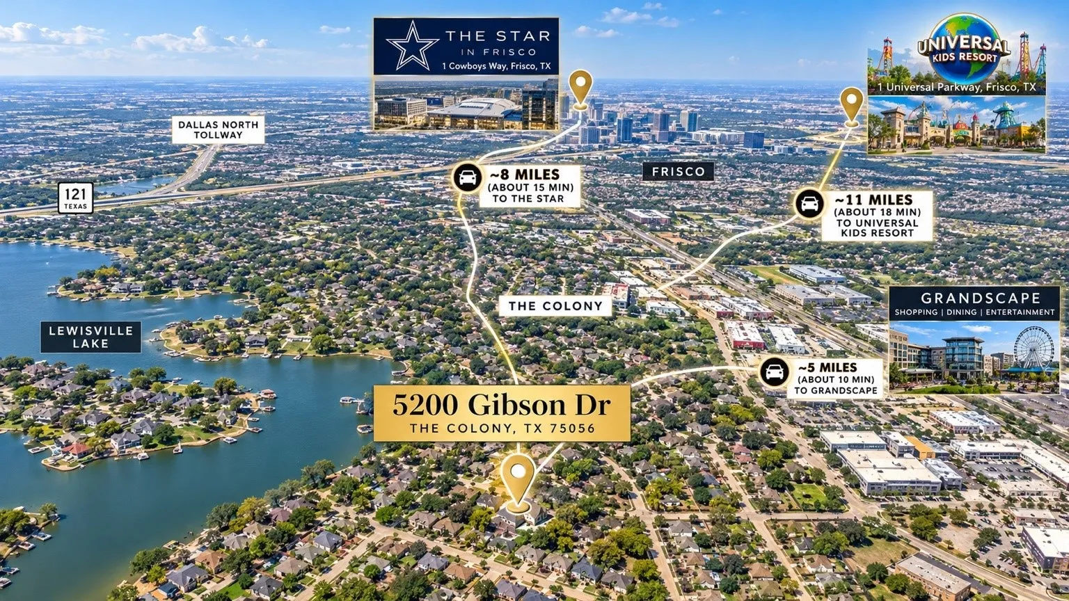 Aerial perspective of the residential area situated in proximity to Lewisville Lake, Dallas North Tollway, The Star, Universal Kids Resort, and Grandscape