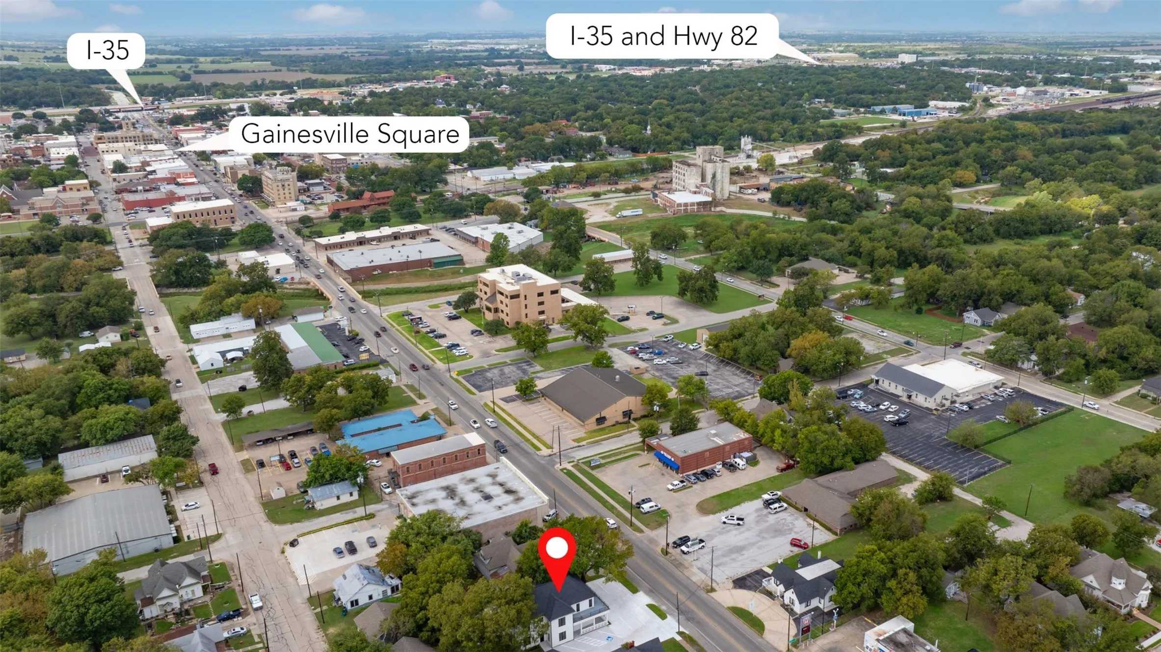 Aerial perspective featuring proximity to I-35, Highway 82, and the Gainesville Square