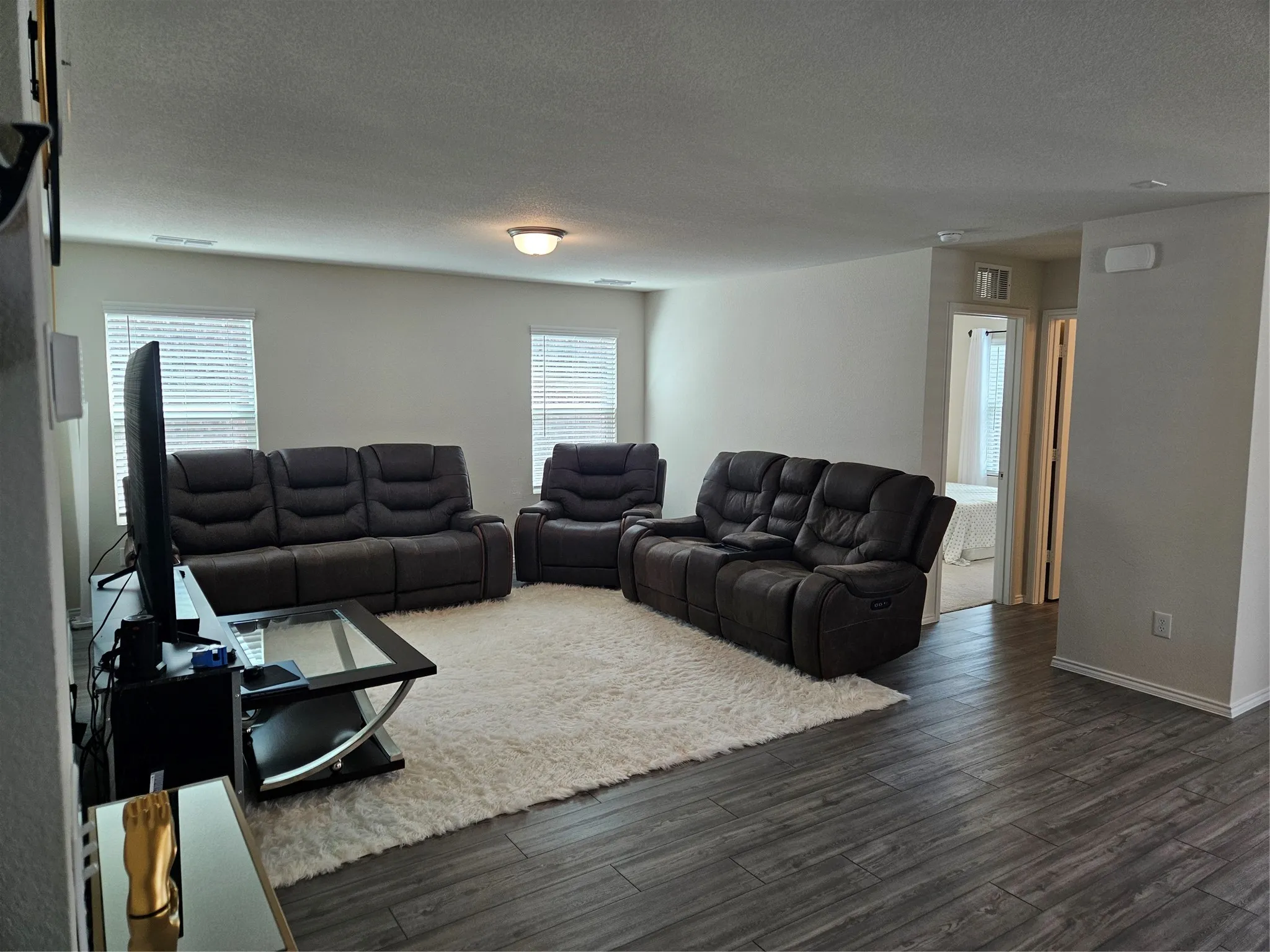 Living area featuring wood-finish flooring, two dual-pane windows with horizontal blinds, and a neutral color palette