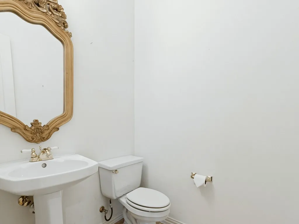Pedestal sink featuring a polished metal widespread faucet and a decorative wall-mounted mirror with an ornate gold-finish frame