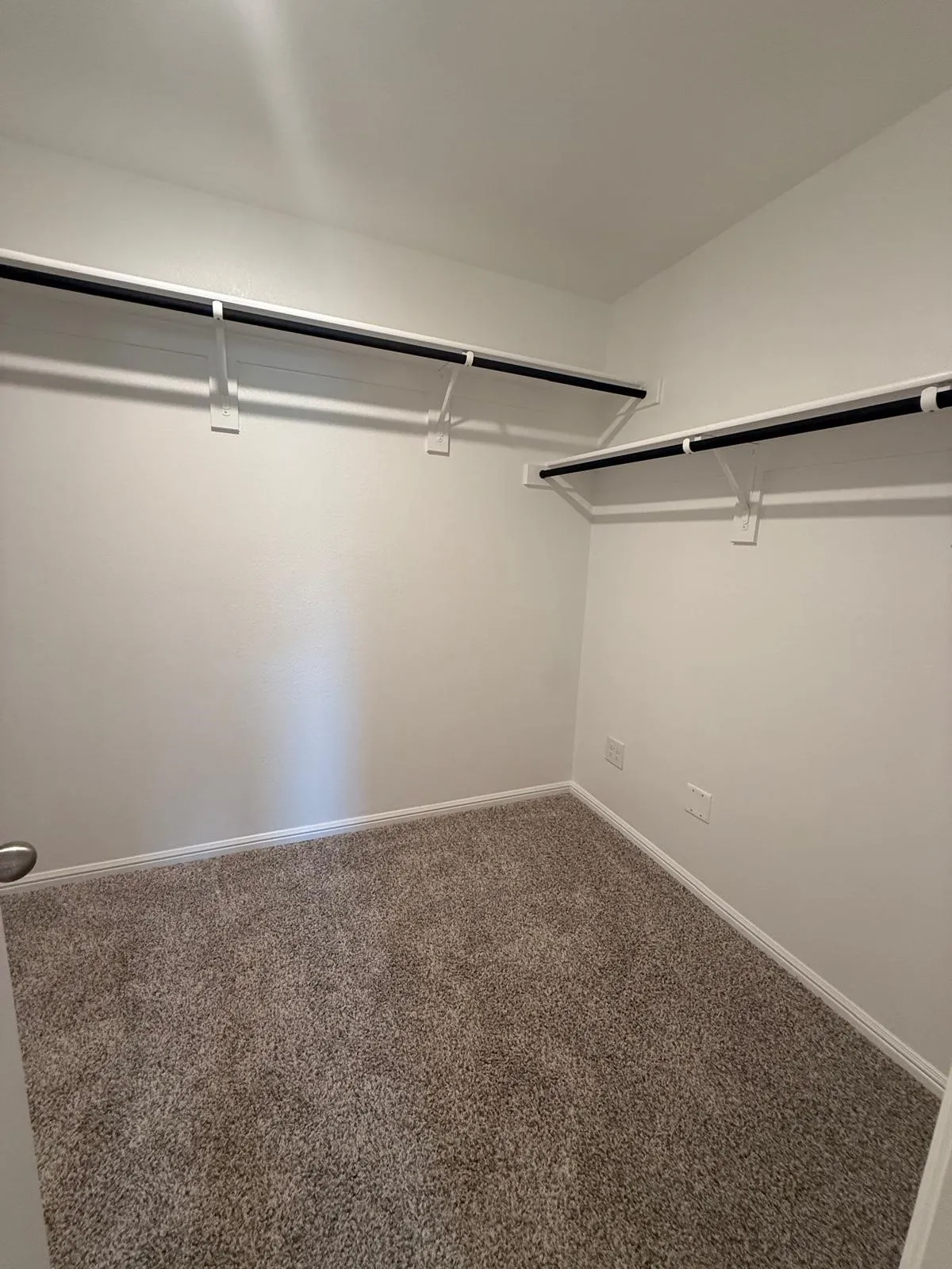 Walk-in closet featuring neutral carpeting and two-tier wall-mounted shelving units