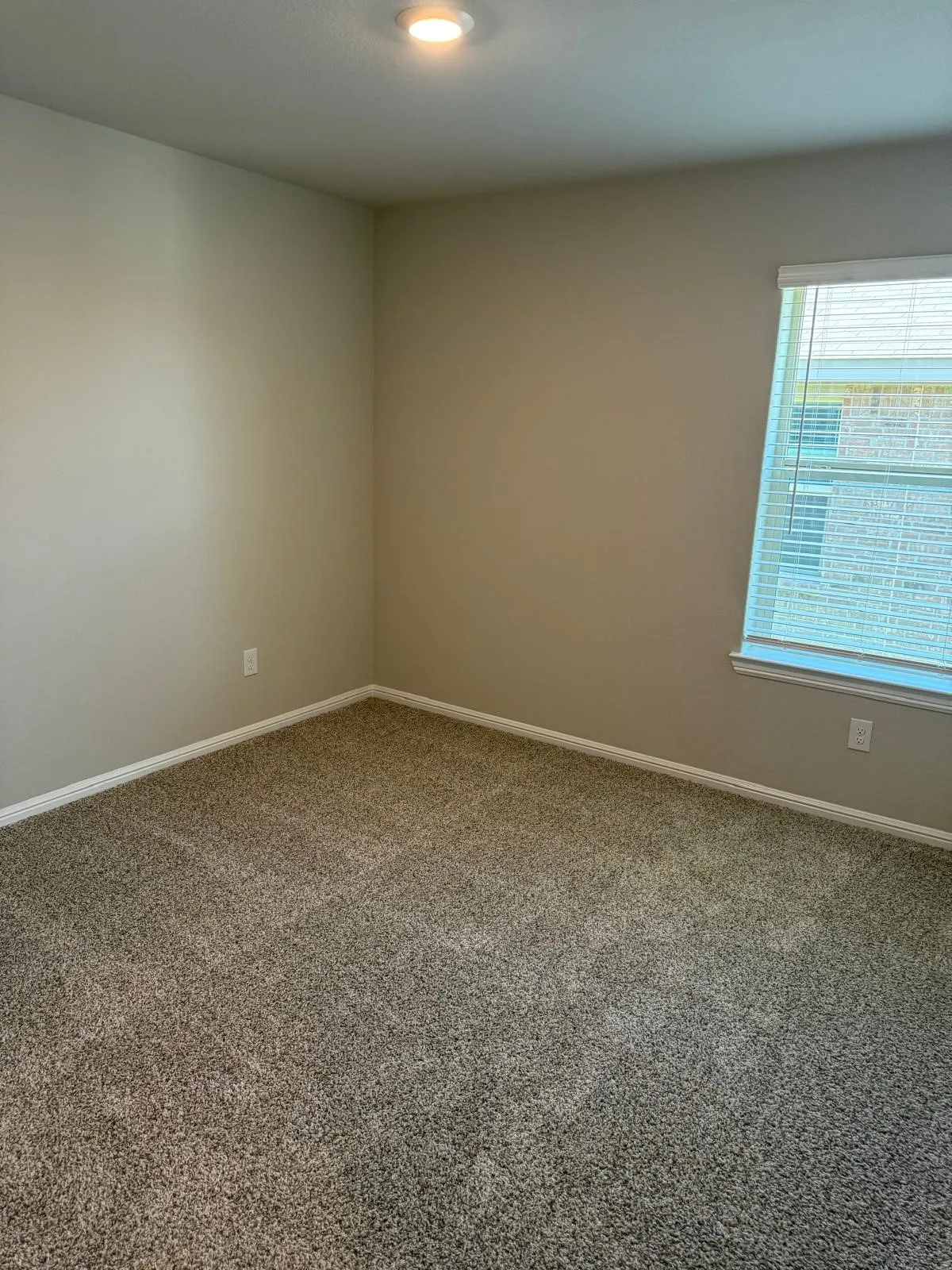 Neutral wall coloring, wall-to-wall carpeting, single-hung window with blinds, and recessed ceiling lighting