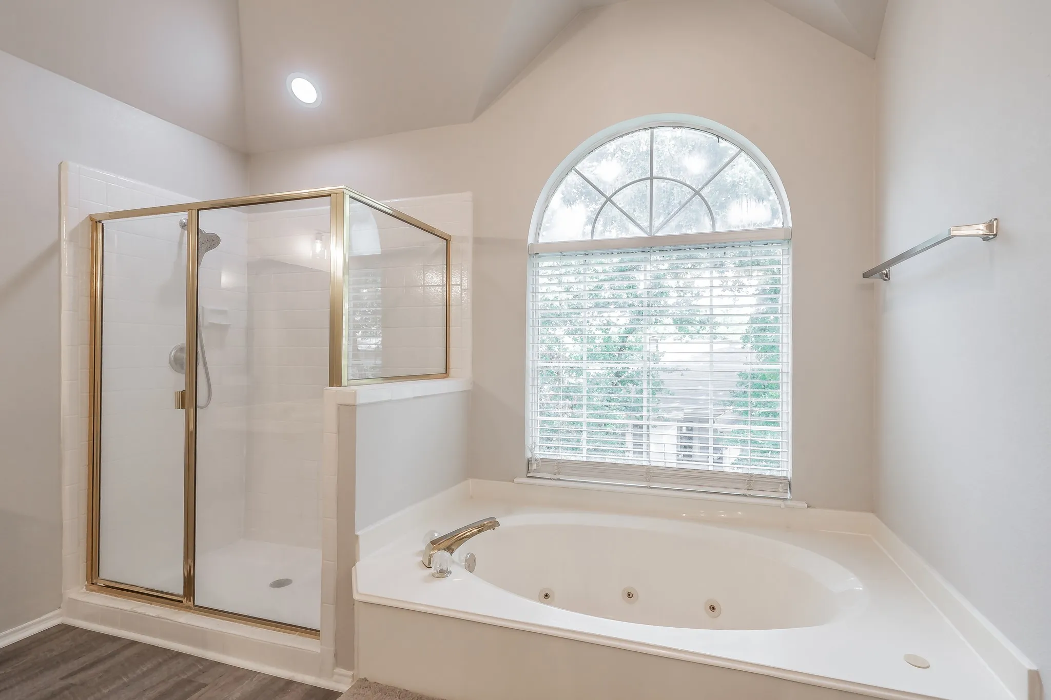 Vaulted ceiling, separate shower and jetted tub in primary bathroom.