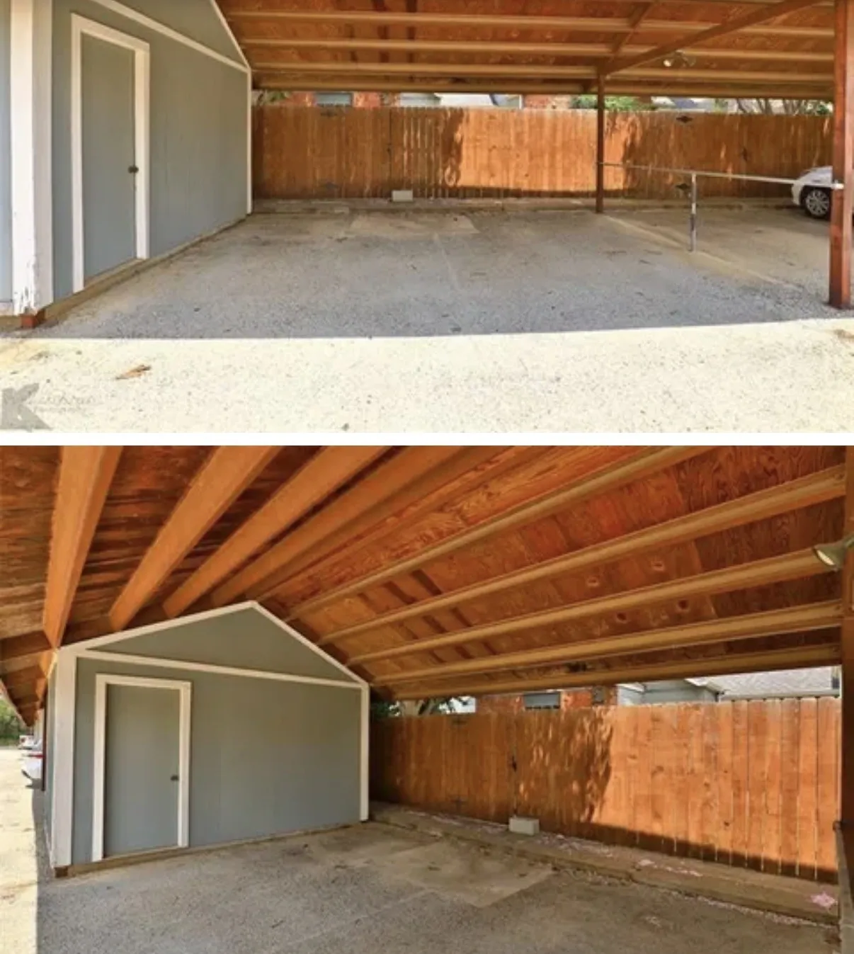 Covered carport featuring a concrete parking surface, exposed wood rafter ceiling, and an attached storage unit with a paneled exterior door