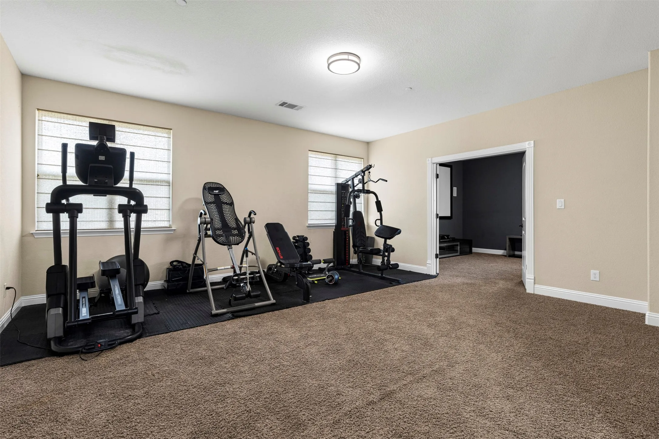 Spacious room featuring carpeting, two windows with integrated blinds, flush-mount ceiling lighting, and double doors opening into a secondary area