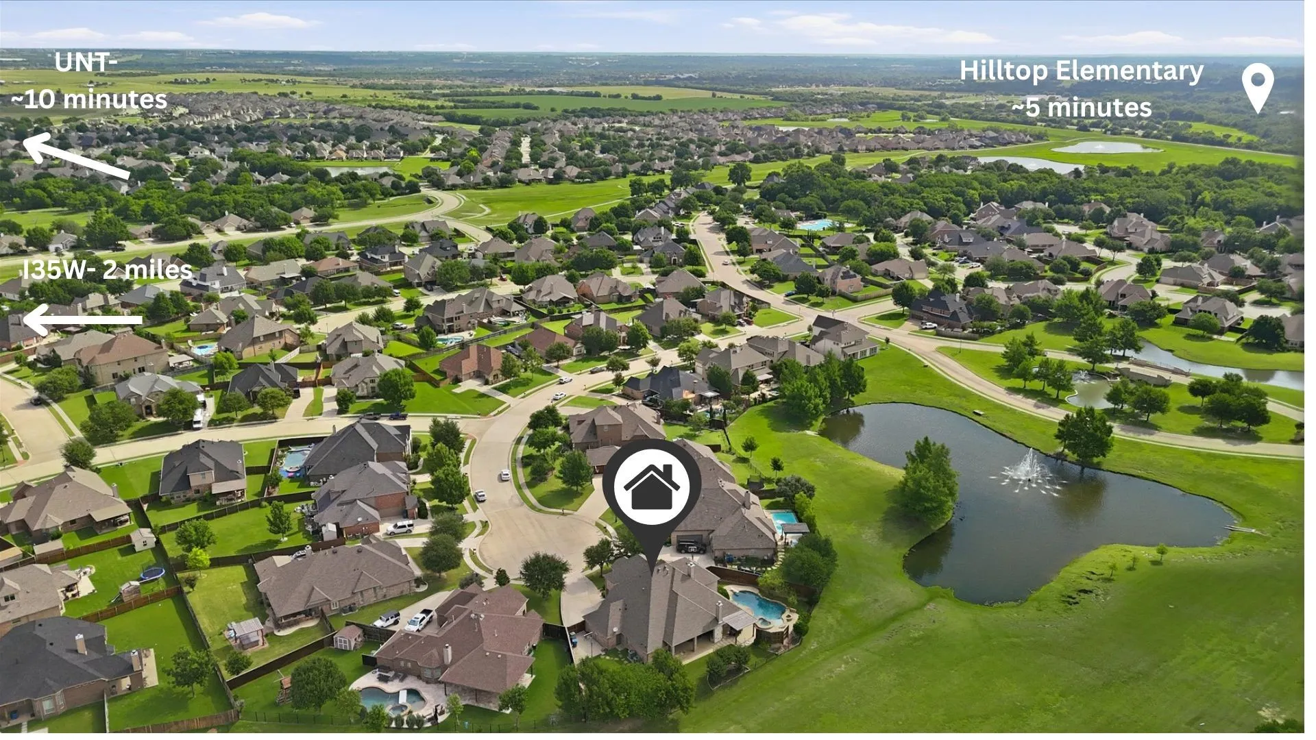 Aerial perspective of a residential property featuring a private swimming pool, a fenced backyard, and a water feature