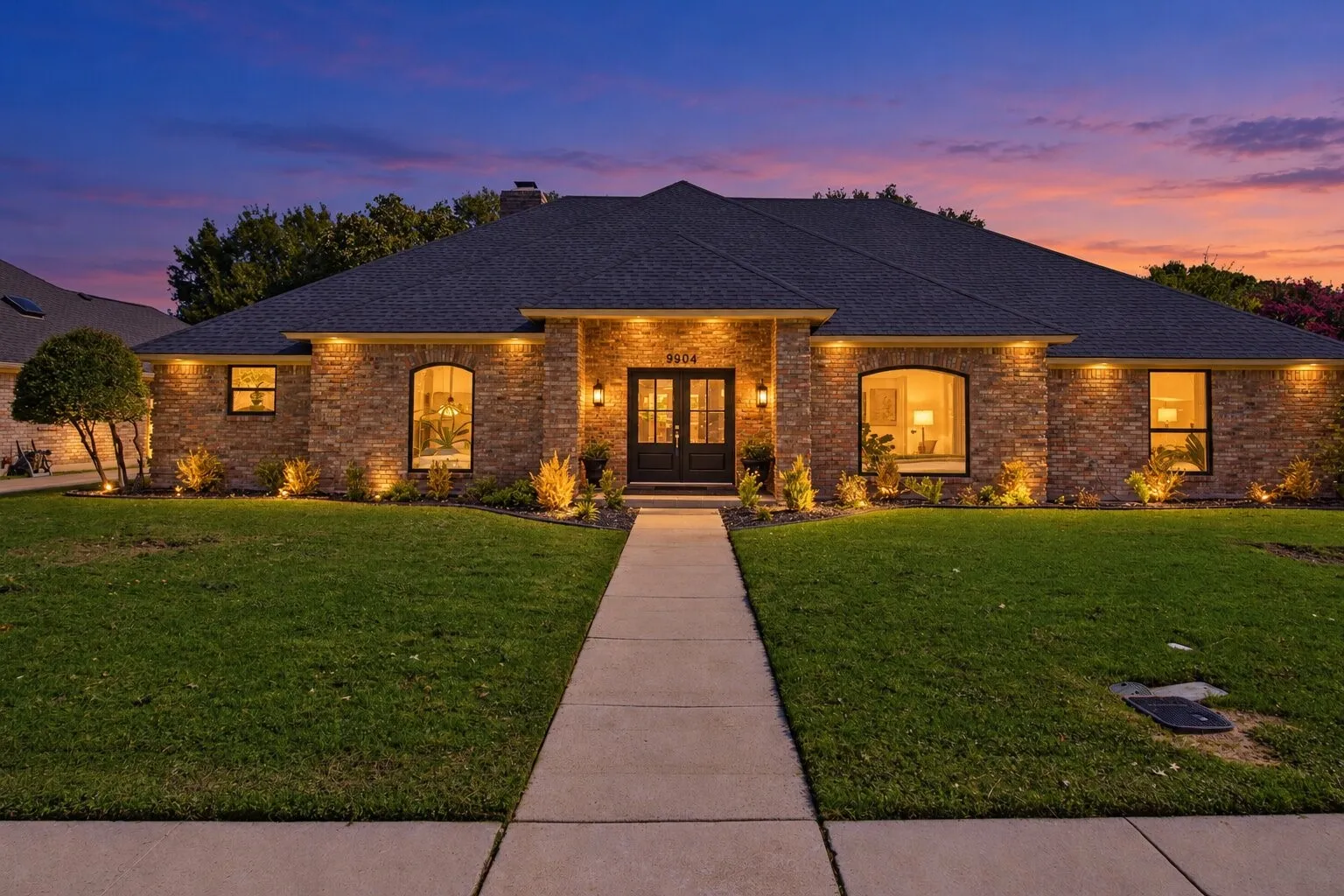 Single-story masonry exterior featuring stone veneer siding, a recessed entryway with double doors, arched window detailing, and a concrete walkway