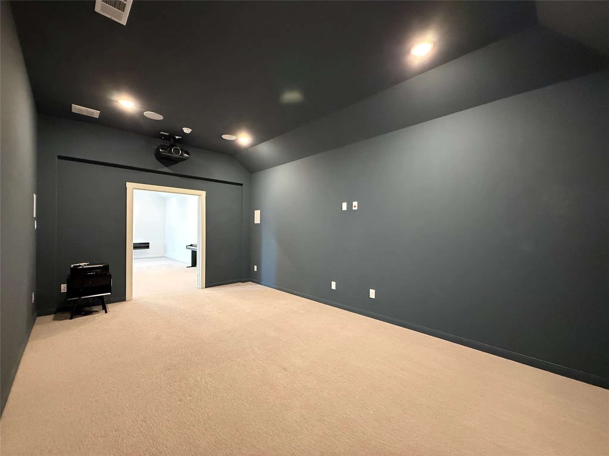 Vaulted ceilings, dark-toned interior walls, integrated ceiling-mounted lighting, and neutral carpeting