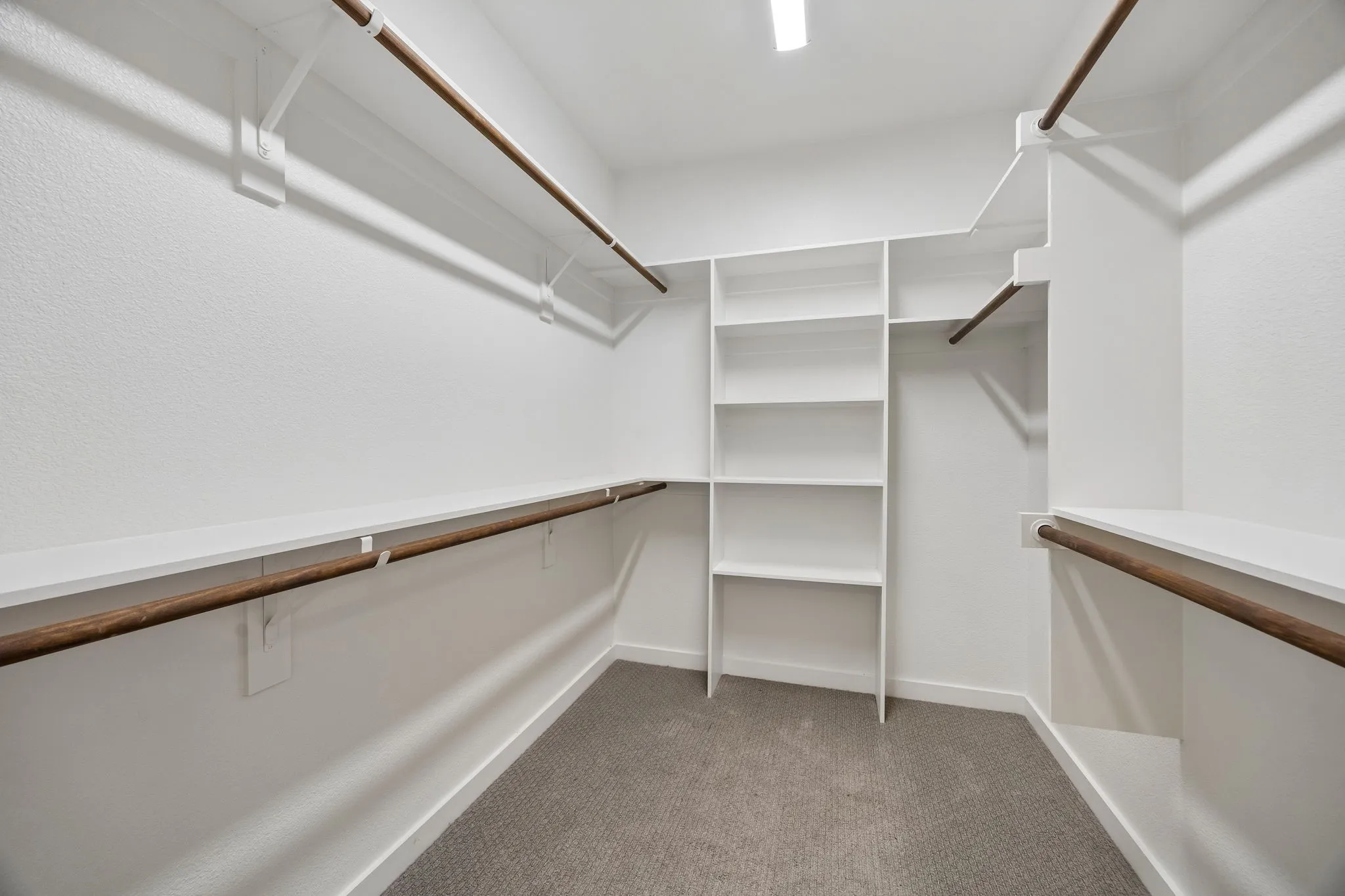Walk-in closet featuring white built-in shelving, multi-level clothing rods with wood-finish accents, and neutral carpeting
