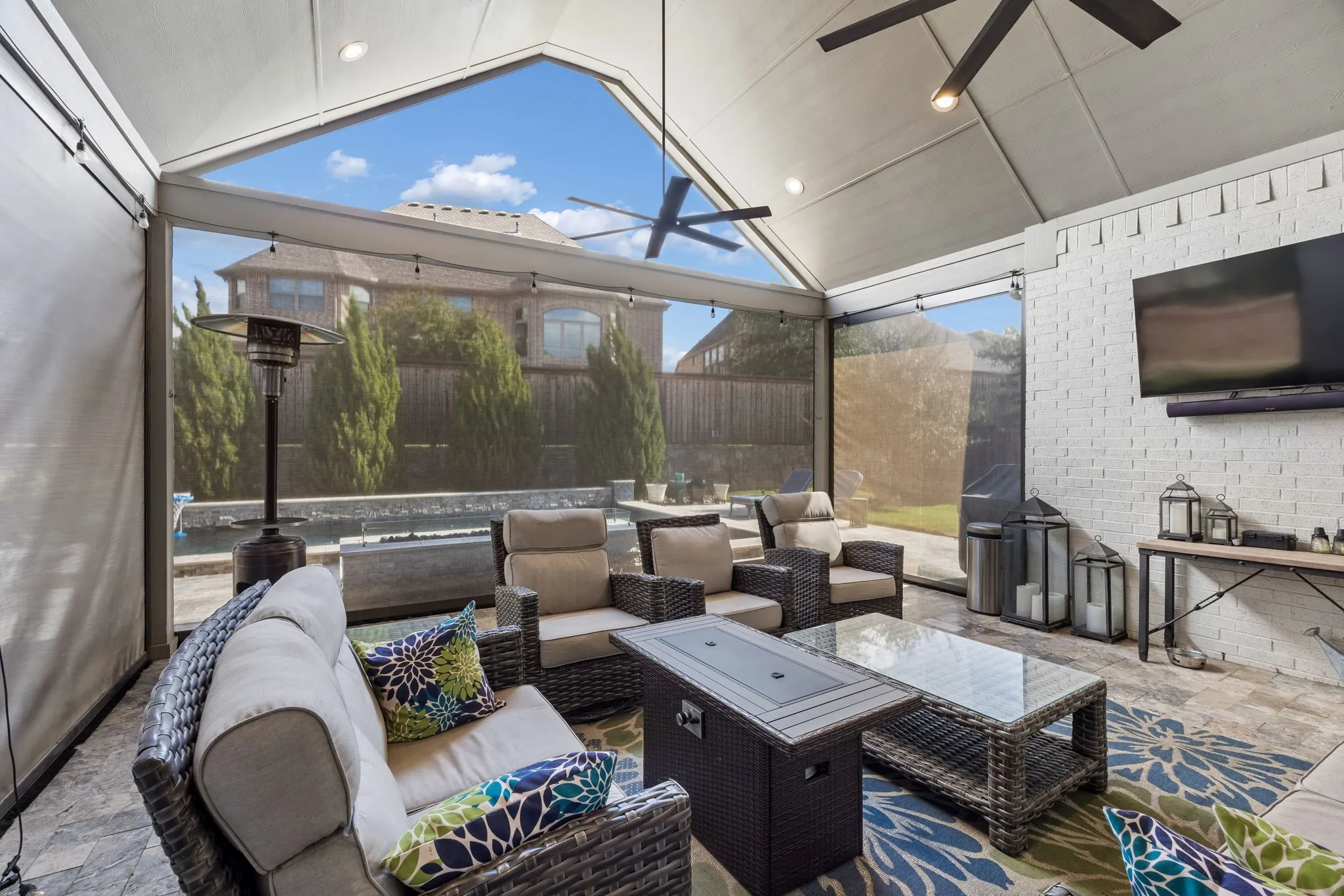 Motorized sun shades block the sun in the summer and keep the heat in during the winter