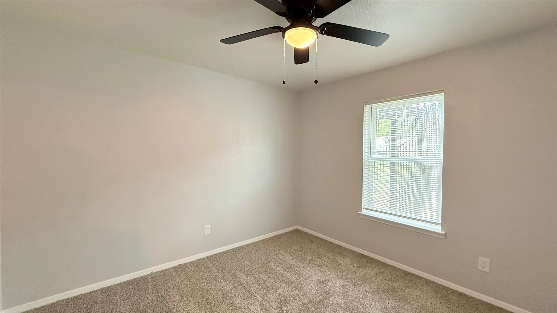Neutral wall paint, plush carpeting, single-hung window, and a ceiling-mounted light fixture with a fan