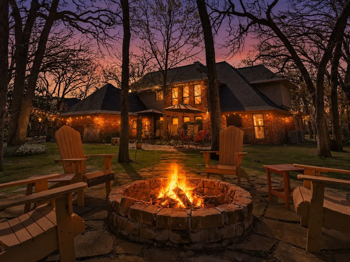Backyard featuring a stone-encased fire pit, flagstone patio, brick exterior, and mature​​‌​​​​‌​​‌‌​‌‌​​​‌‌​‌​‌​‌​​​‌​​ trees