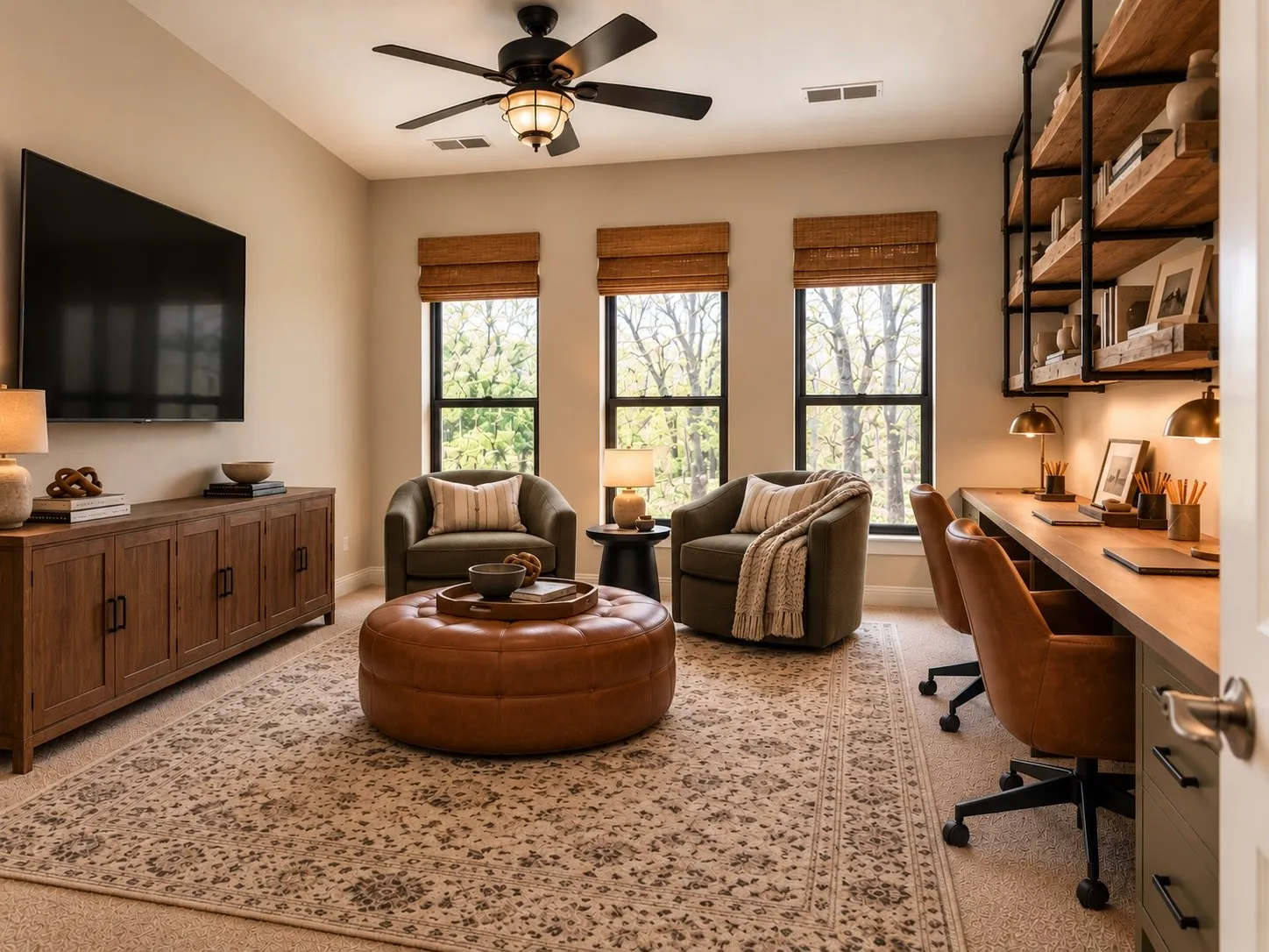 Built-in wooden desk with integrated cabinetry, floor-to-ceiling industrial-style wall shelving, three large windows with woven wood shades, and a ceiling fan with integrated lighting