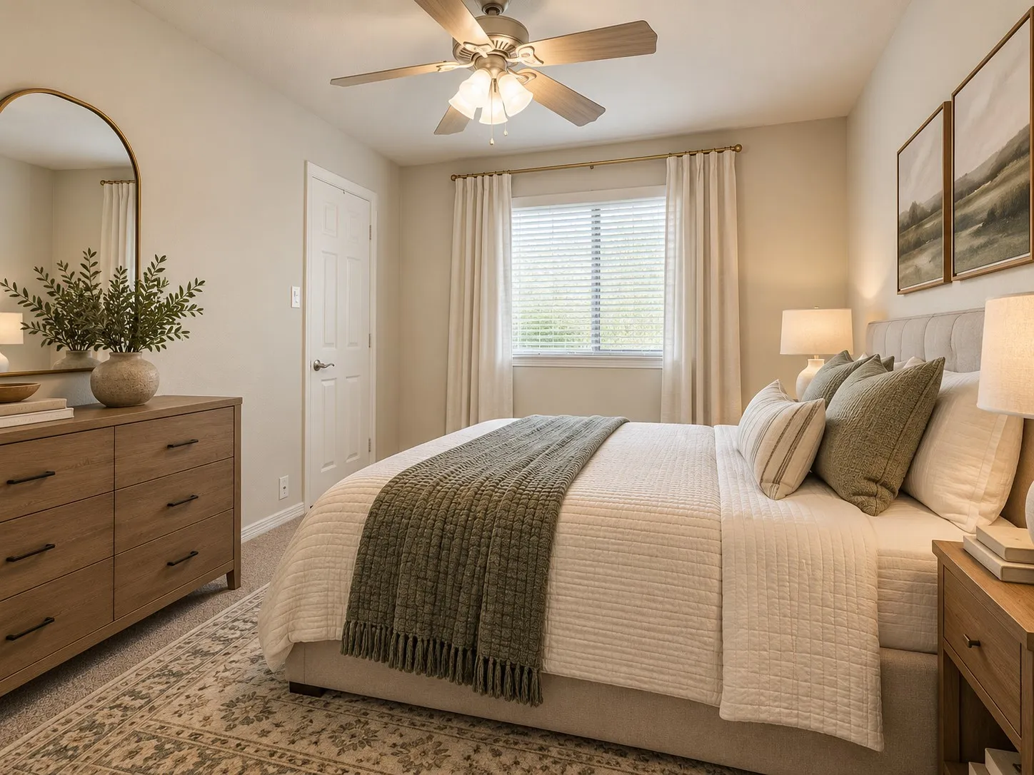 Neutral wall tones featuring a central ceiling fan with integrated light fixture, polished metal hardware, and a single window with horizontal blinds